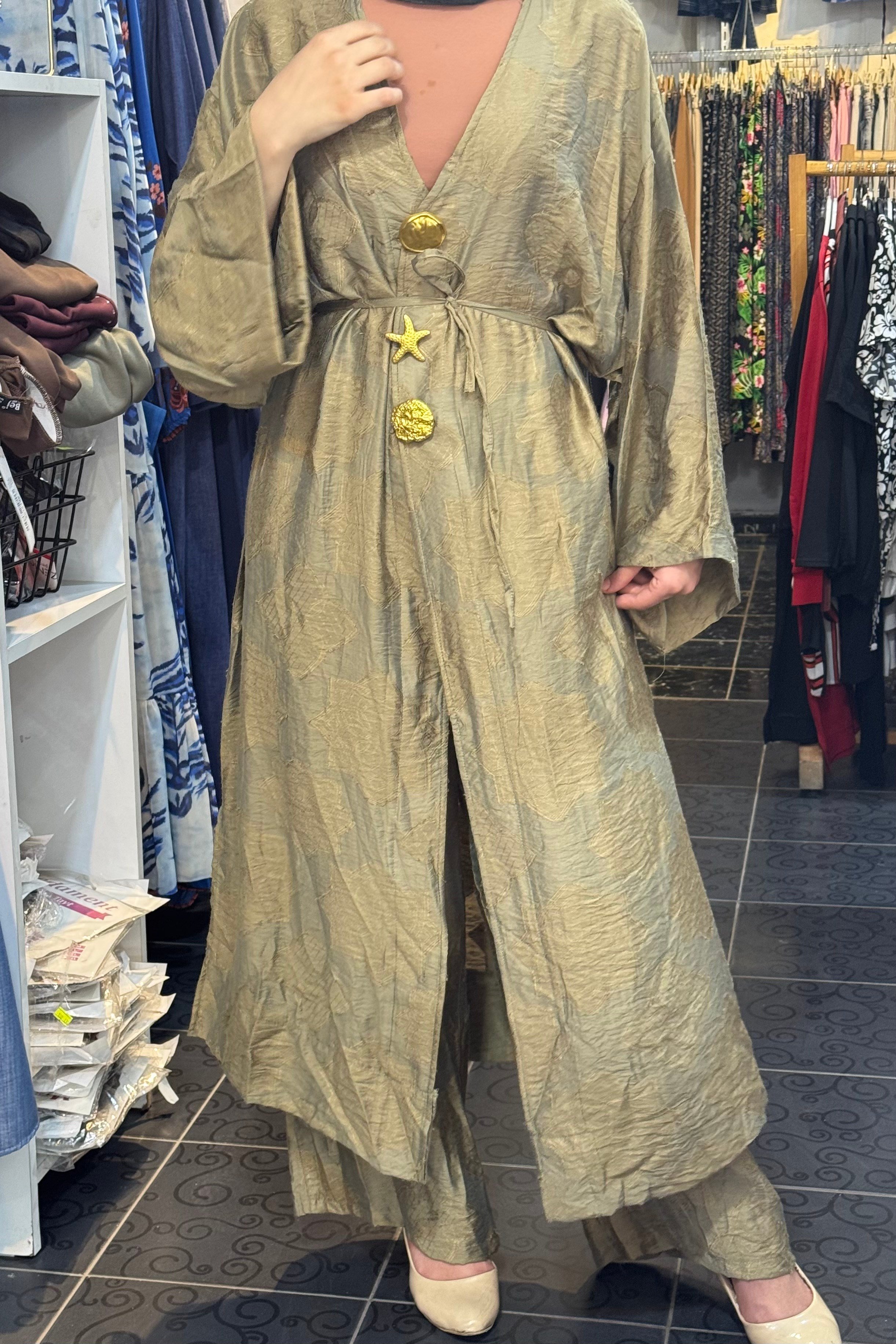 Uzun Boy Abaya Kimono Takım YEŞİL