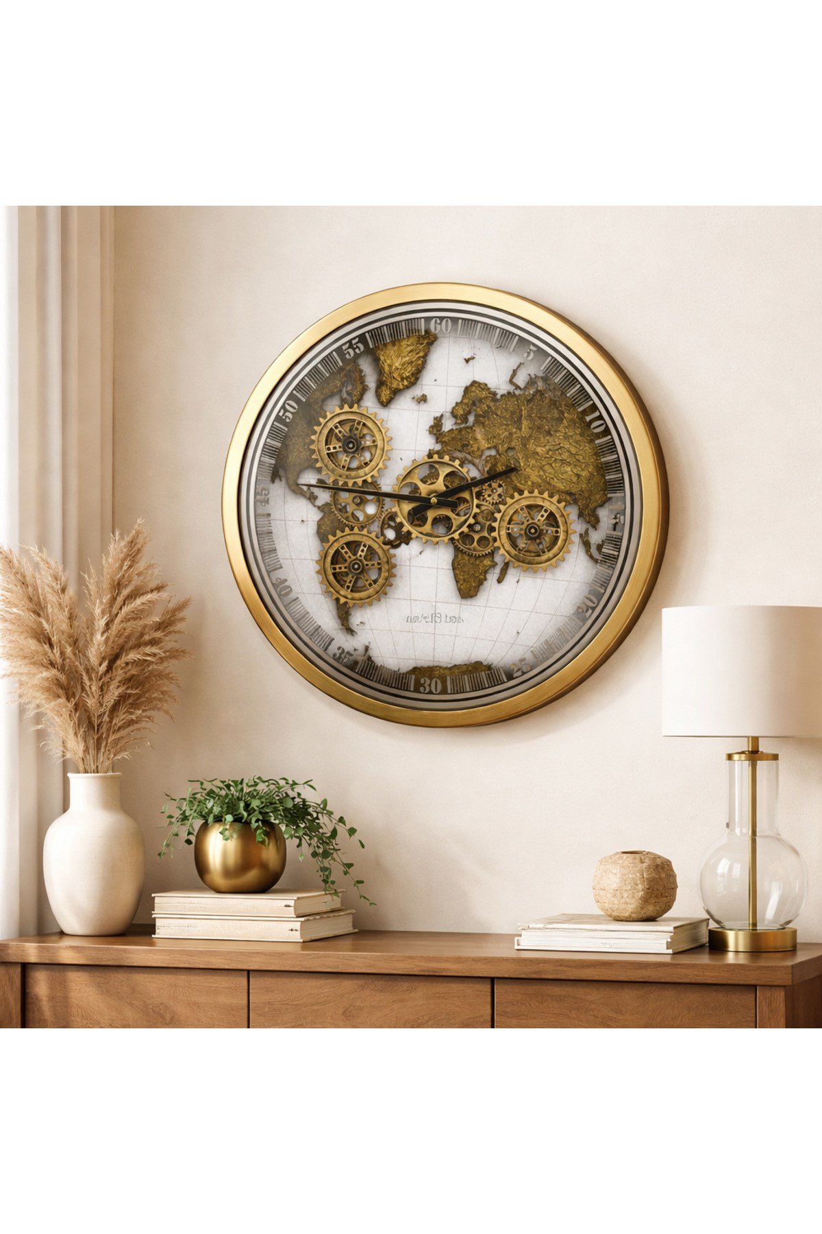 Büyük Duvar Saati 60 cm Metal | Hareketli Çark Mekanizmalı Dekoratif Saat