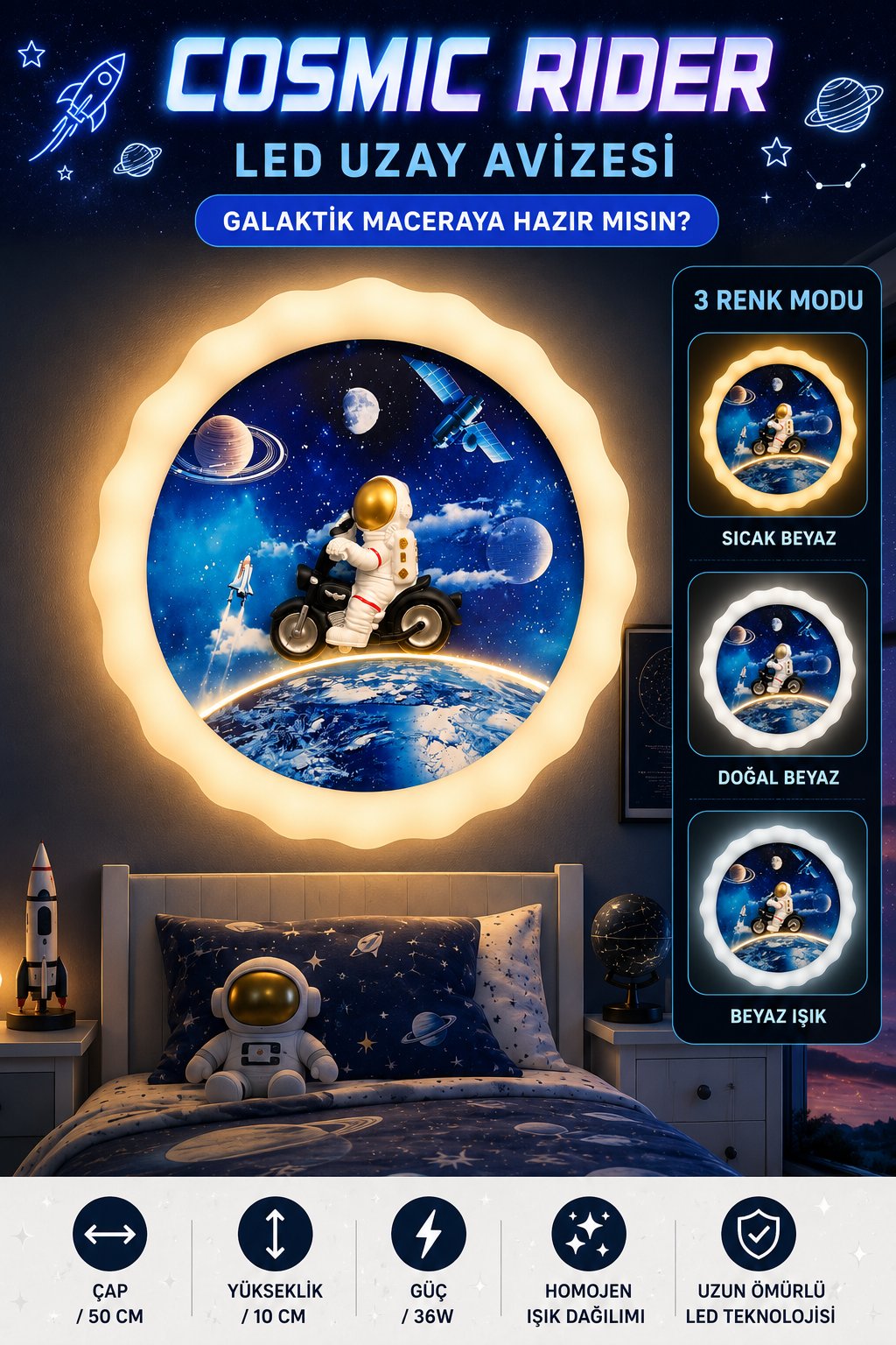 Çocuk Odası Astronot Temalı LED Tavan  & Duvar  Lambası  50cm │ 3 Renk  Işık - Günışığı / Sarı / Beyaz