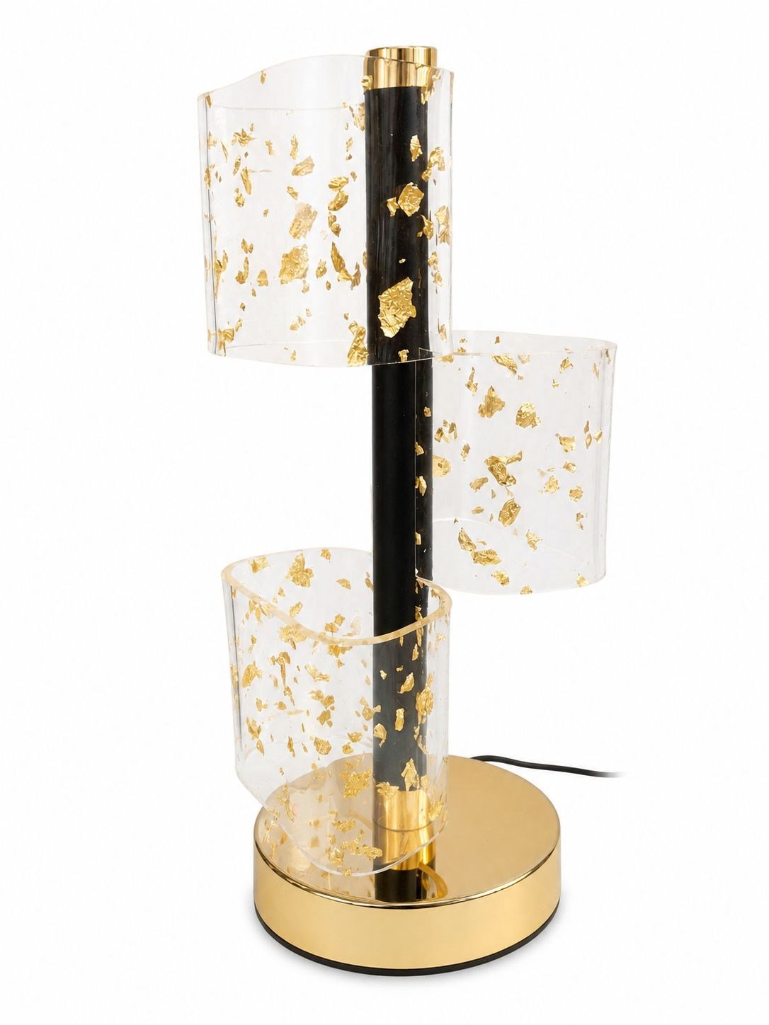 Gold Flake Silindir Cam Masa Lambası – 3 Işık Modlu, Siyah Gövdeli Dekoratif LED Abajur