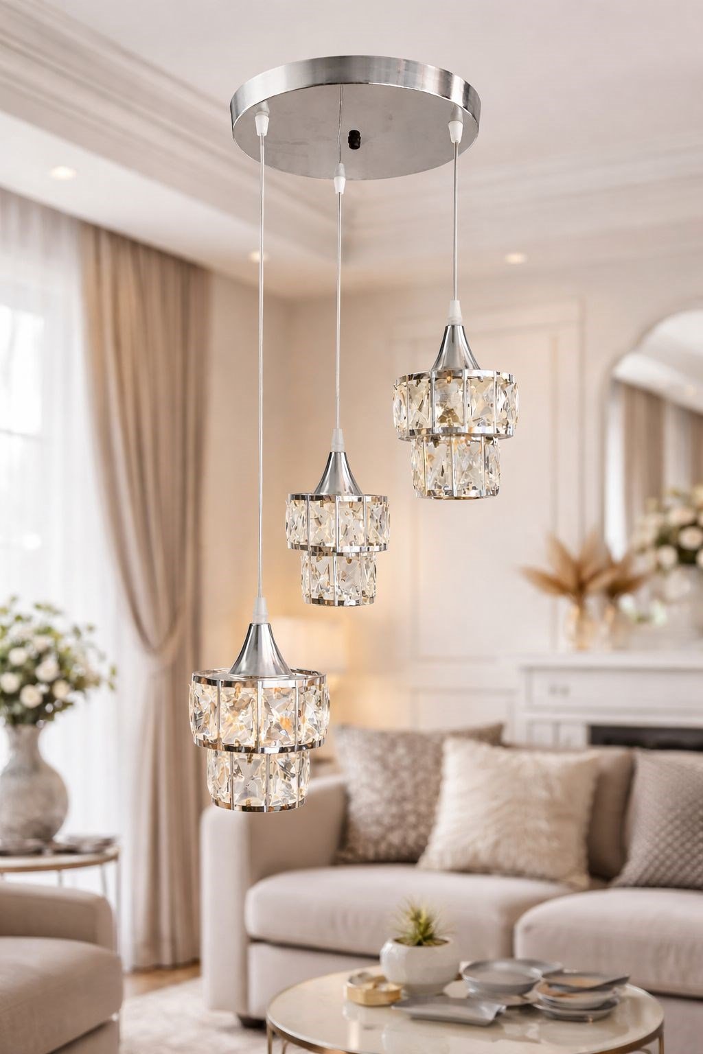 Krom Kristal Taşlı 3'lü Sarkıt Avize | Modern Dekoratif Salon Avizesi
