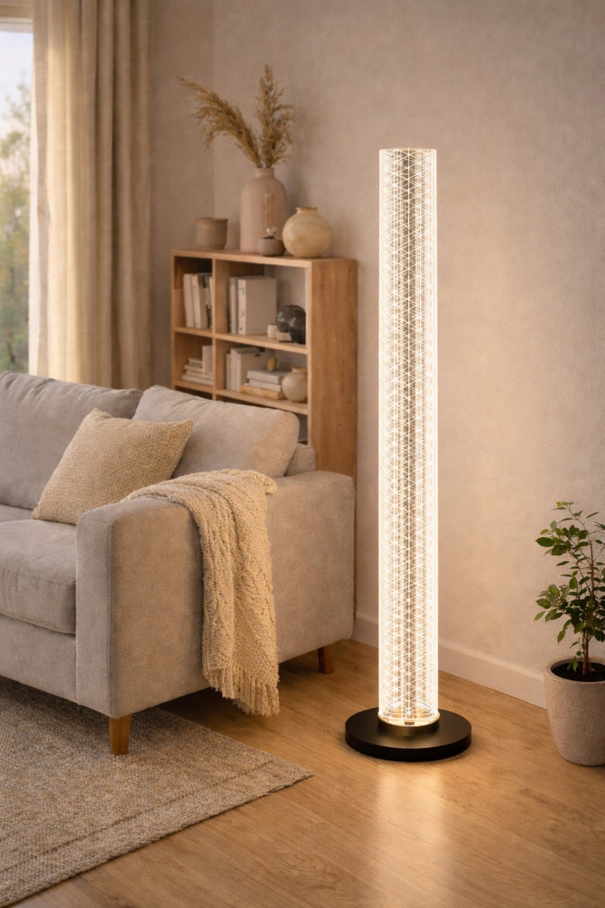 LED Lambader 3 Işık Modlu 126 cm Modern Ayaklı Lamba Kristal Gövdeli Geometrik Desenli Salon Lambası