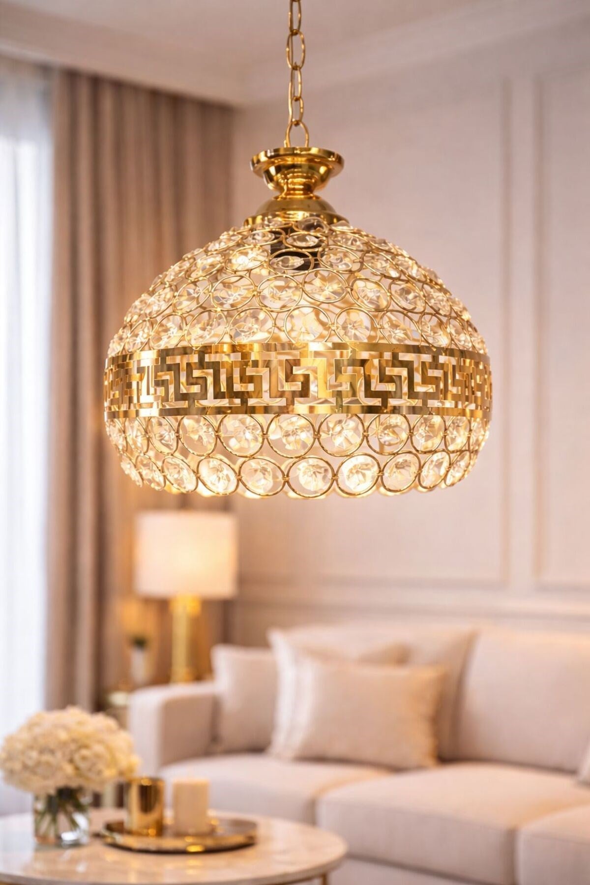 Lüks Kristal Cam Tekli Sarkıt Avize – Gold Metal Gövde Modern Dekoratif Tavan Aydınlatma