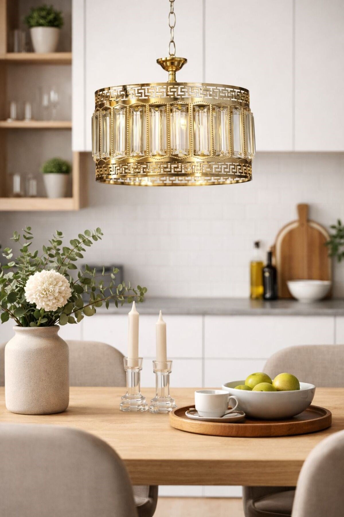 Lüks Kristal Cam Tekli Sarkıt Avize – Gold Metal Gövde Modern Dekoratif Tavan Aydınlatma