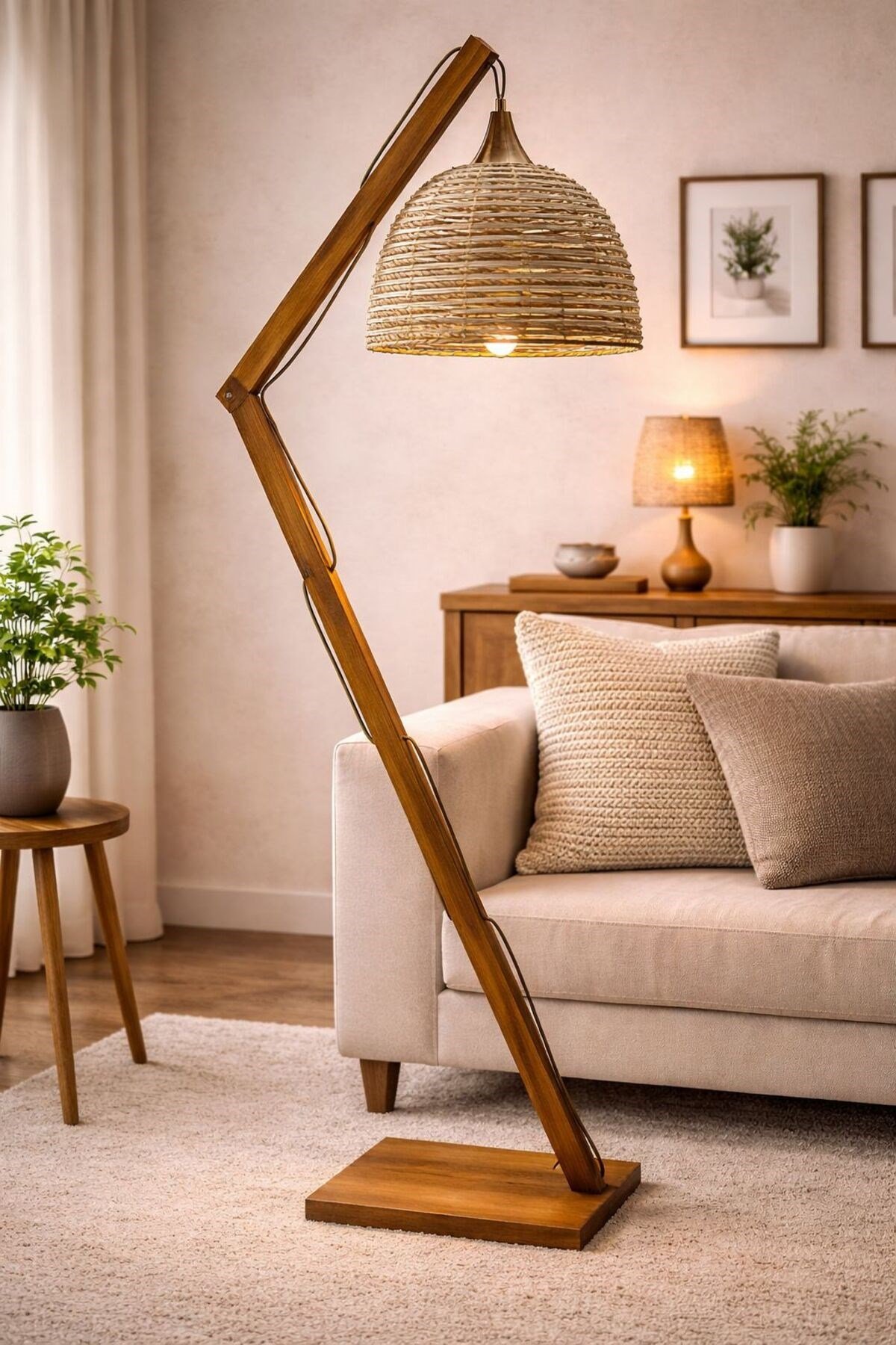 Tasarım&El Yapımı Rustik Ahşap Lambader – Rattan Şapkalı Dekoratif Salon Lambası