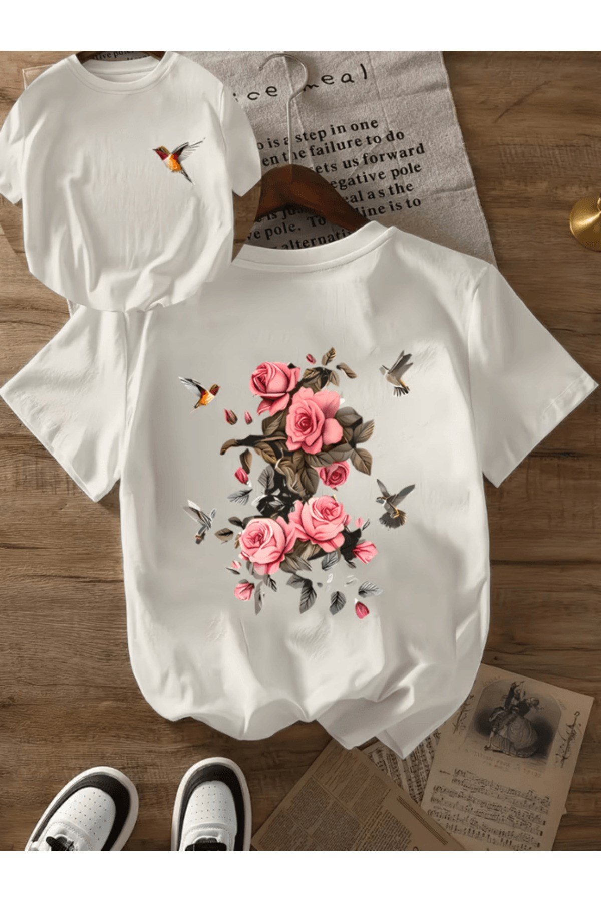Çift Taraf Baskı Gül Ve Kuş Baskılı Premium Oversize T-shirt