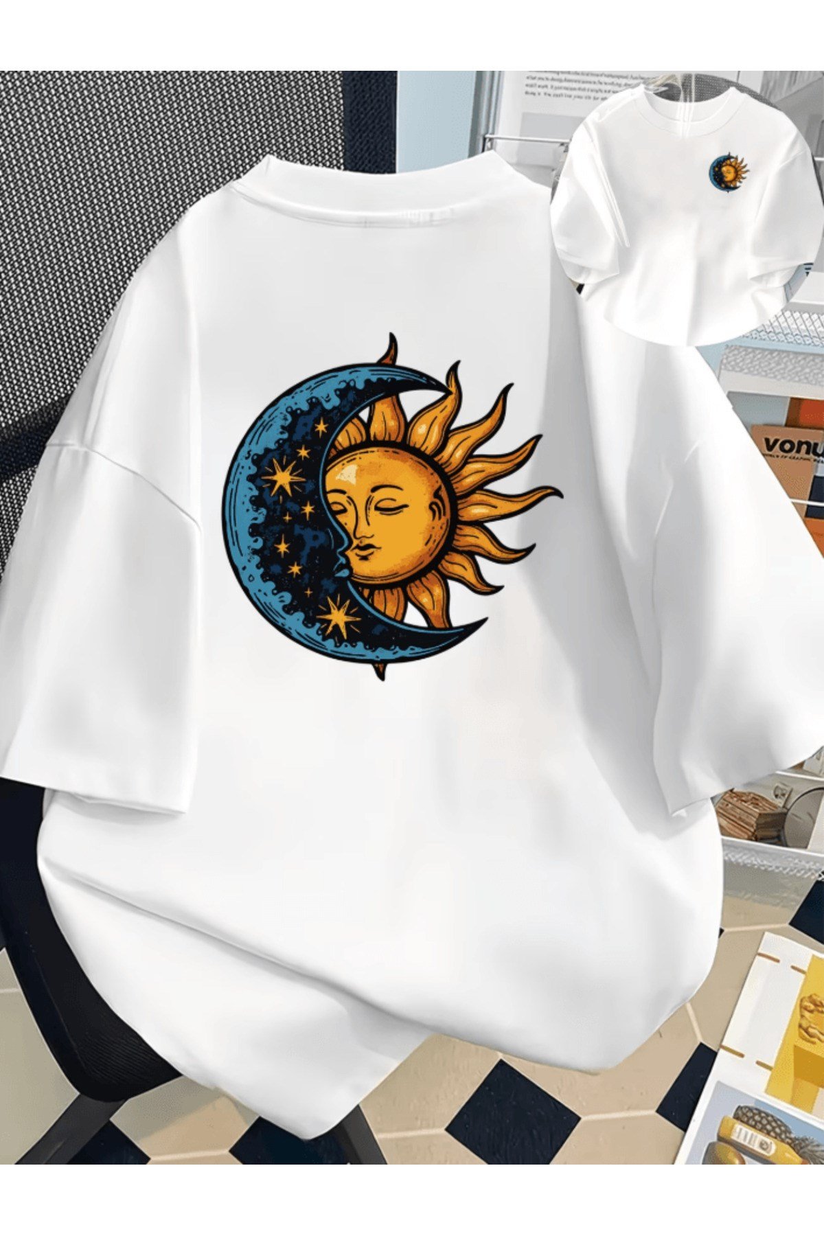 Güneş Ve Ay Çift Taraf Baskılı Premium Oversize T-shirt