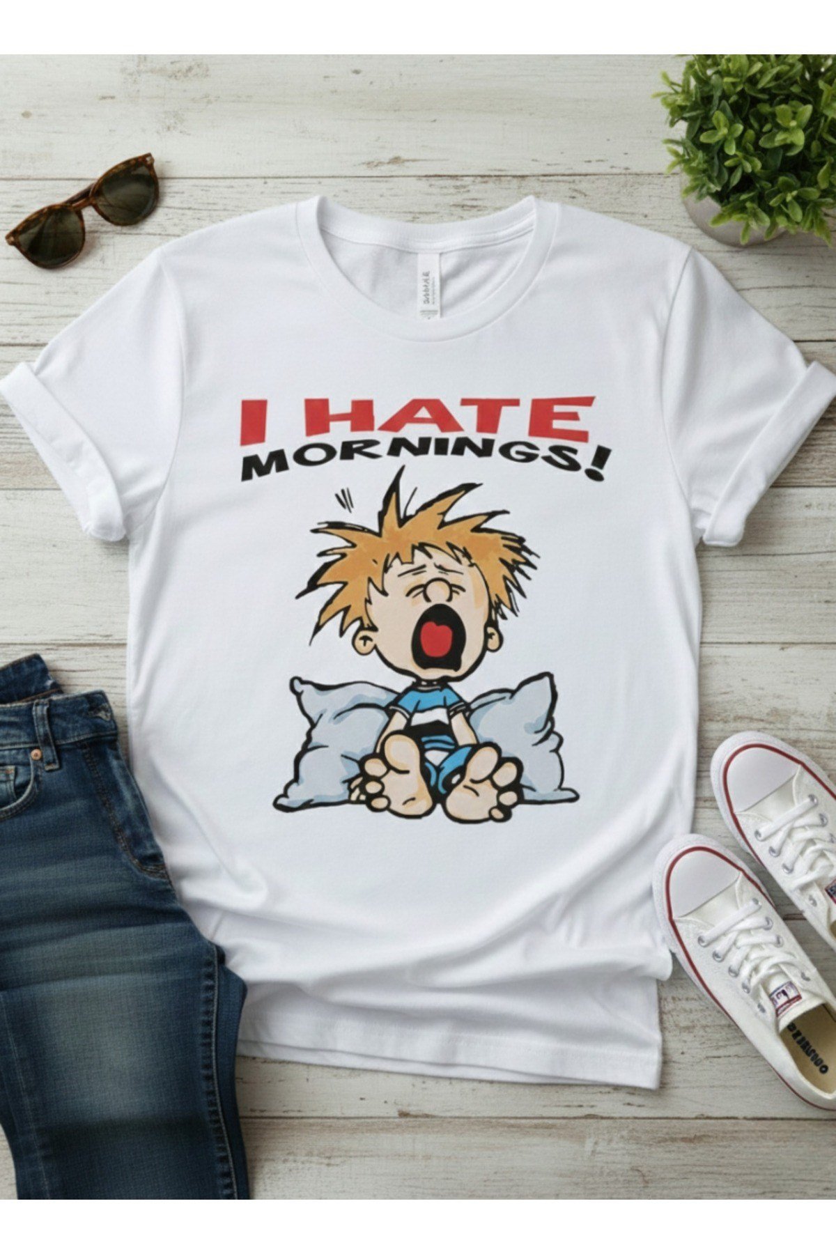 I Hate Mornings Baskılı Basic Bisiklet Yaka Regular T-shirt %100 Pamuk