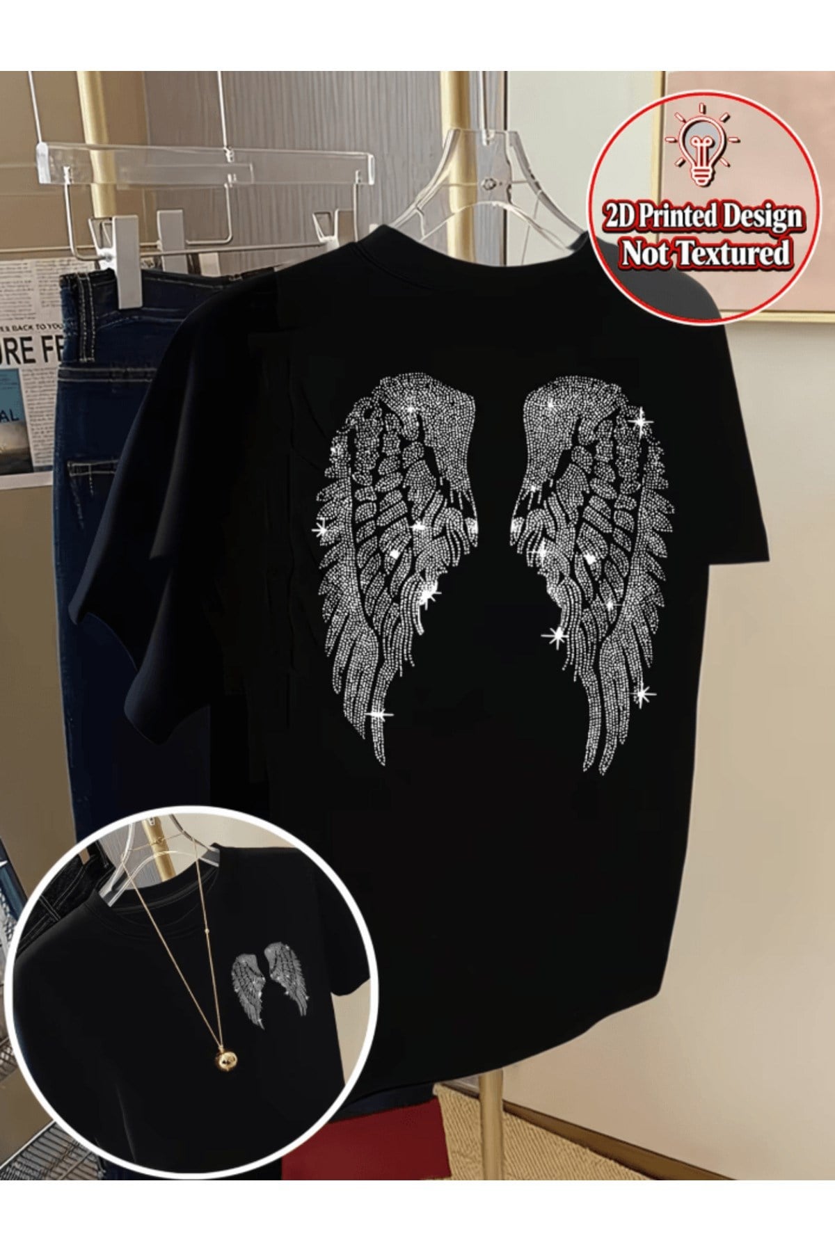 Parlak Melek Kanat Çift Taraf Baskılı Premium Oversize T-shirt
