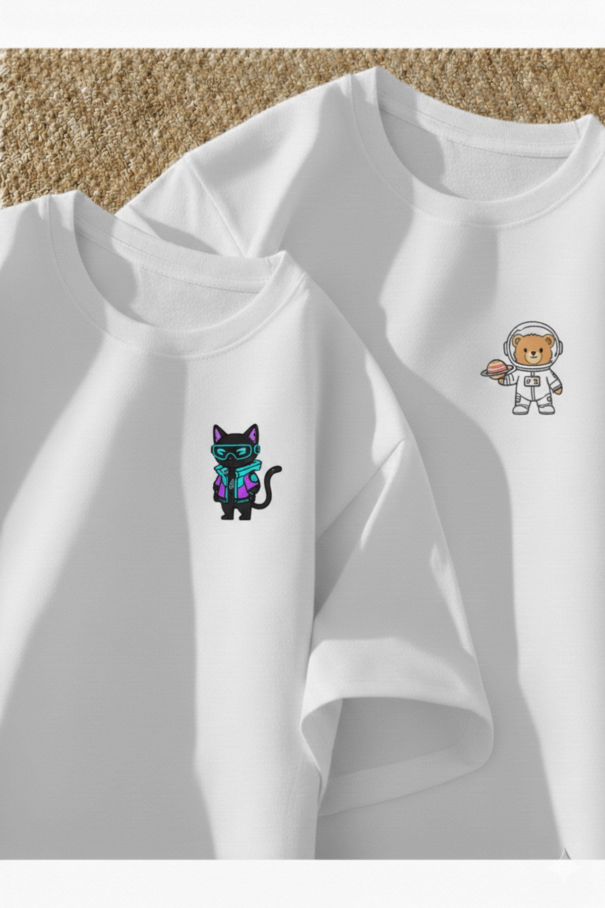 Sevimli Kedi Baskılı Premium Oversize T-shirt Çift Kombini 2'Li