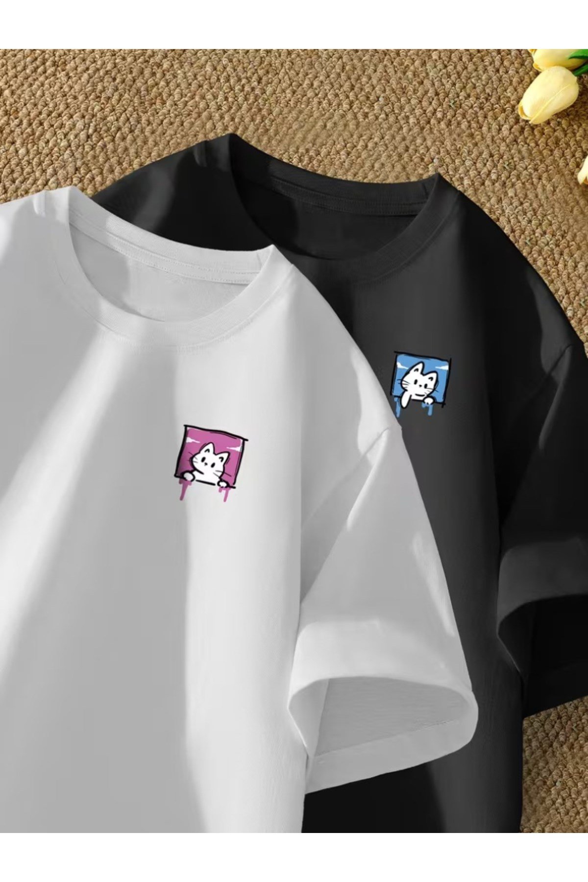 Sevimli Kedi Tasarım Çift Sevgili Kombini Basic Regular T-shirt 2'Li %100 Pamuk