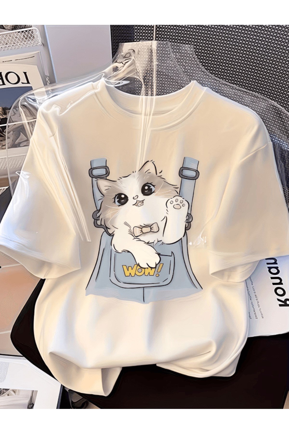 Sevimli Yavru Kedi Wow Baskılı Premium Oversize T-shirt