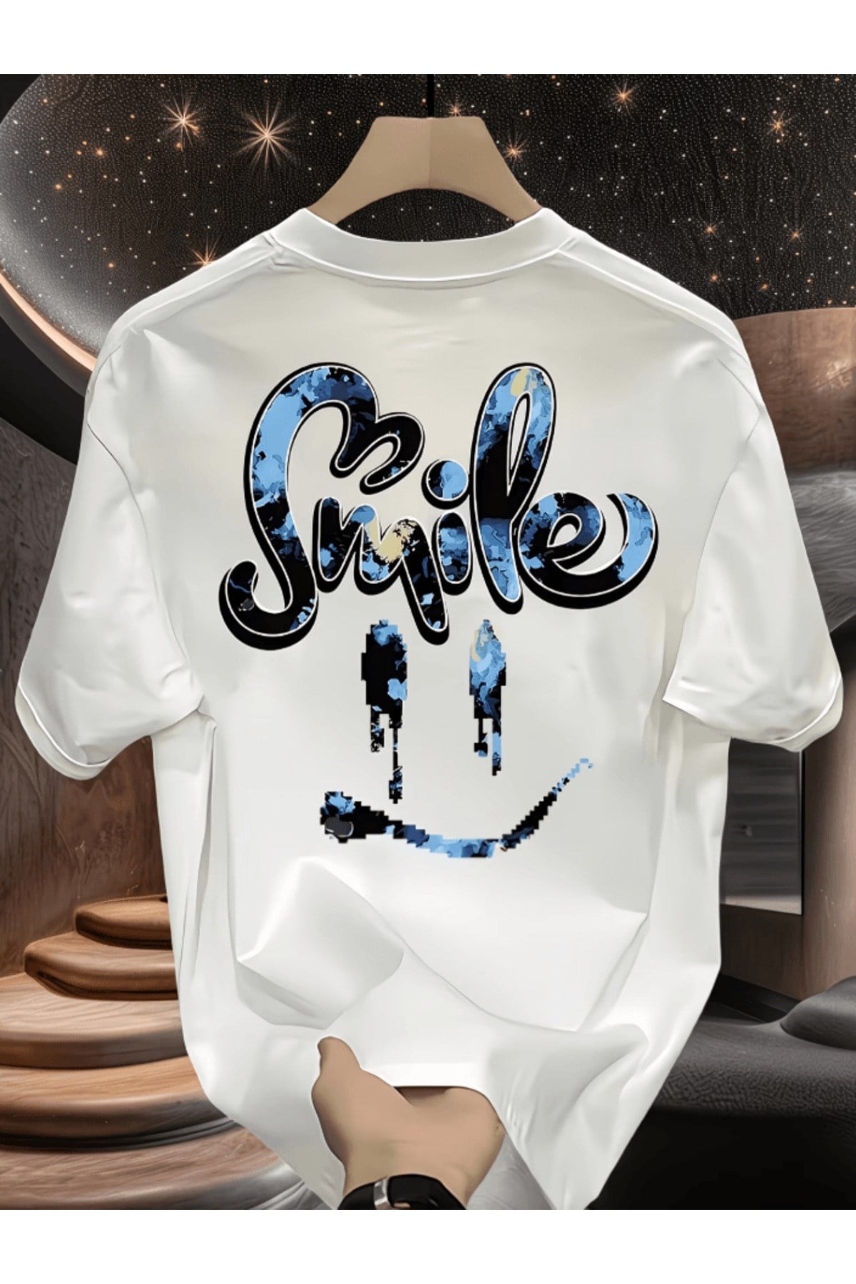Smile Mavi Desen Baskılı Premium Oversize T-shirt