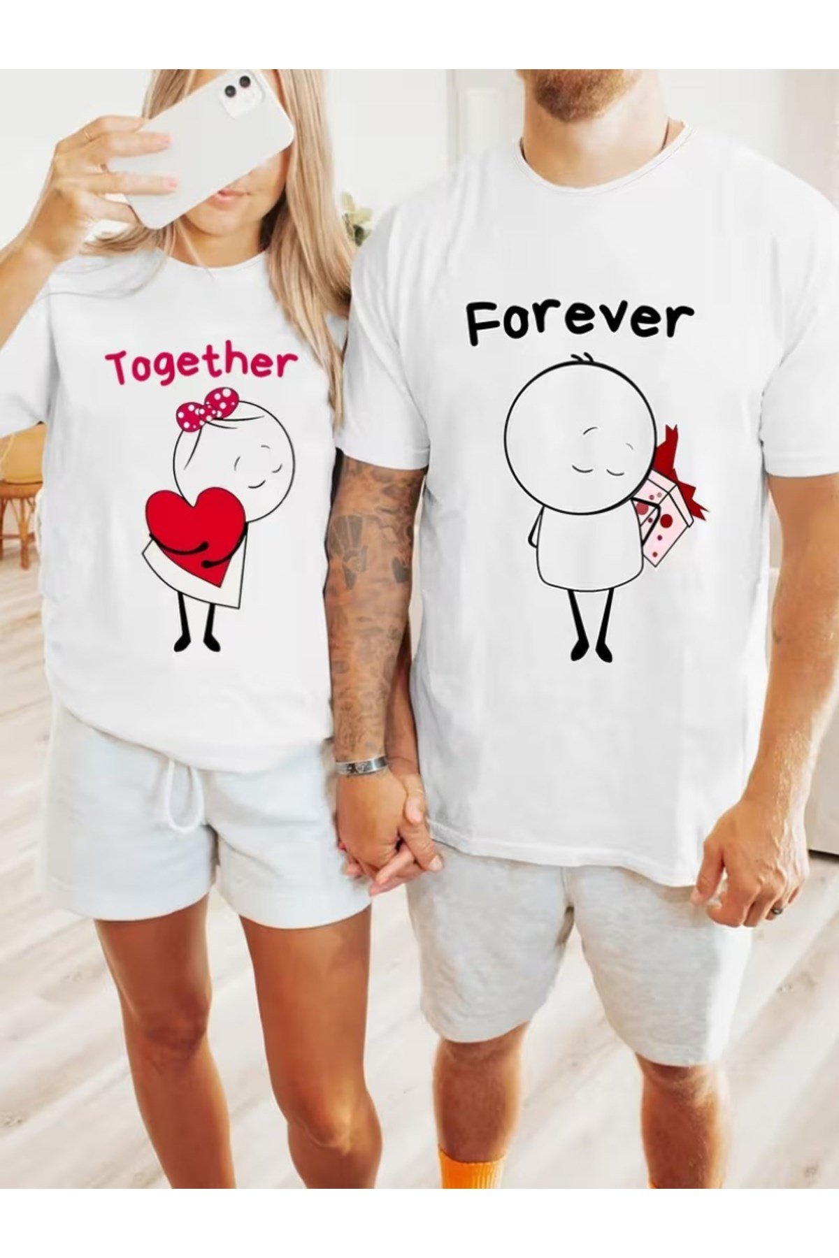 Together Ve Forever Yazılı Sevimli Karakter Eşleşen Çift Sevgili Kombini Basic Regular T-shirt 2'Li
