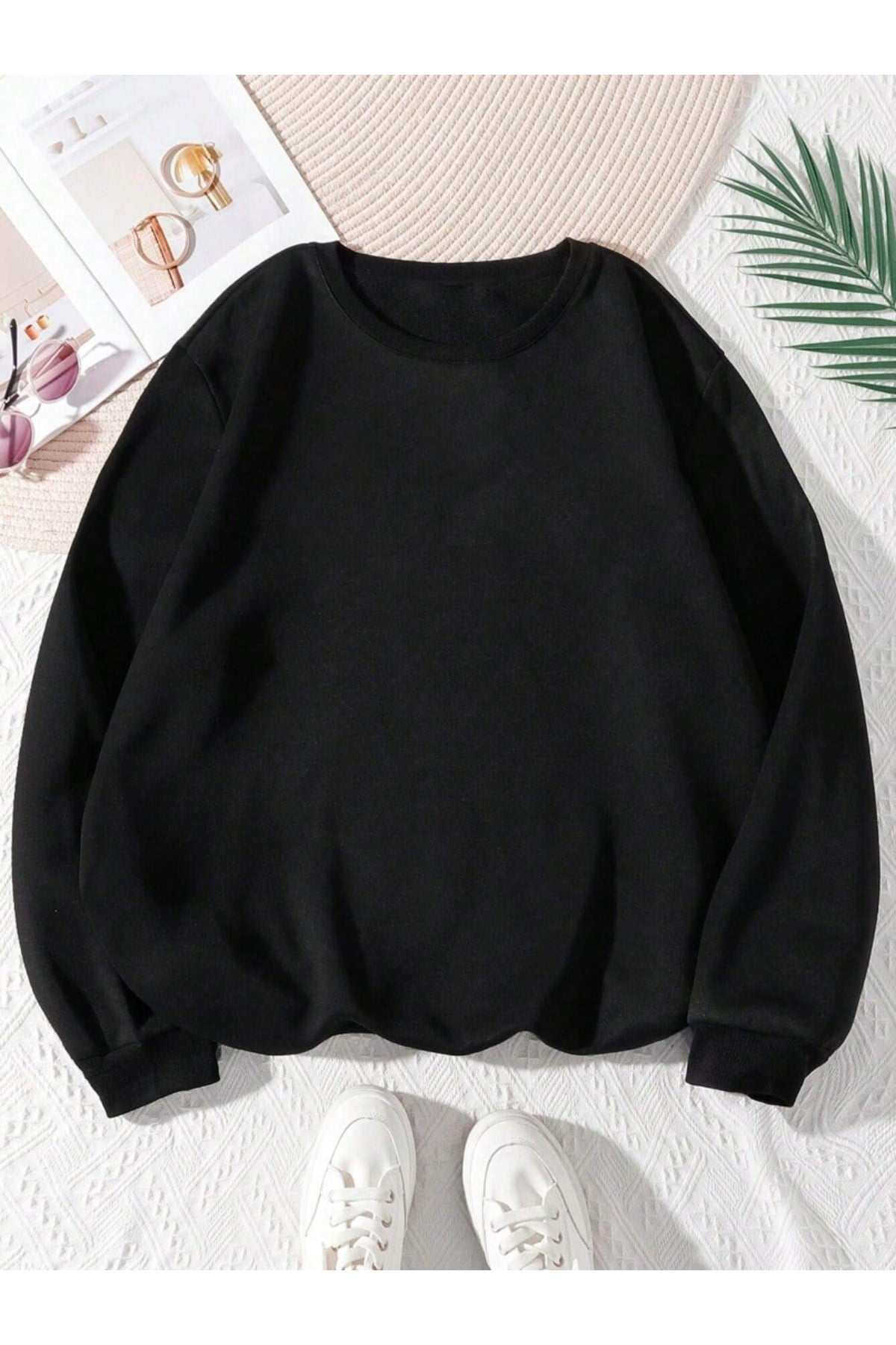 Unisex Düz Renk Bisiklet Yaka Sweatshirt
