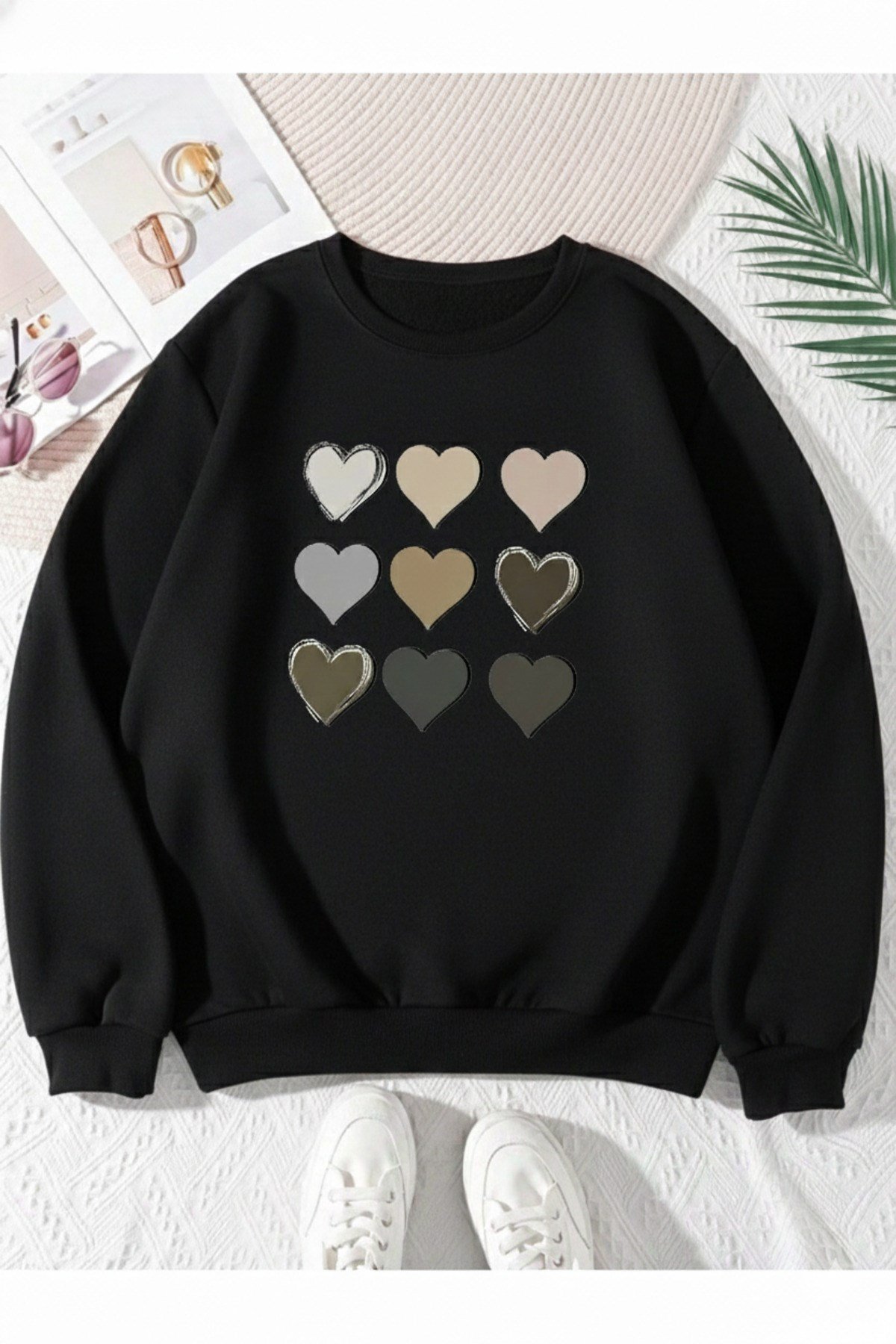 Unisex Kalp Baskılı Sıfır Yaka Regular Sweatshirt %100 Pamuk