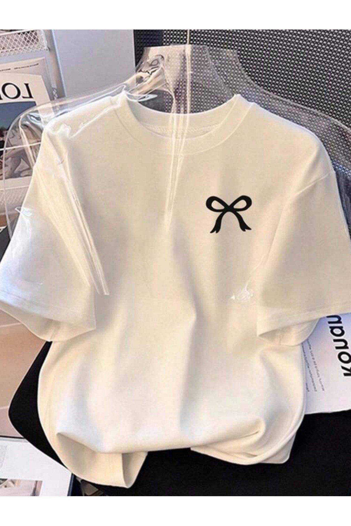 Unisex Mini Kurdele Baskılı Basic Bisiklet Yaka Regular T-shirt %100 Pamuk