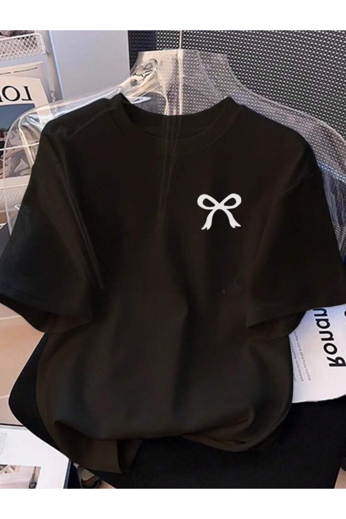 Unisex Mini Kurdele Baskılı Basic Bisiklet Yaka Regular T-shirt %100 Pamuk