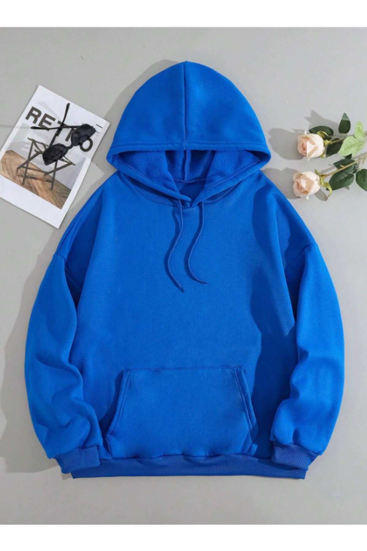 Unisex saks mavisi Kanguru Cepli Kapüşonlu Sweatshirt saks mavisi Hoodie