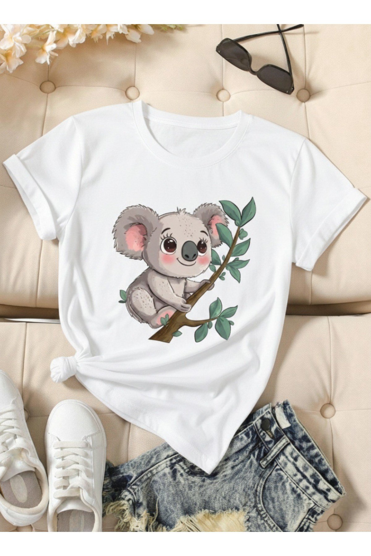 Unisex Sevimli Koala Tasarım Basic Bisiklet Yaka Regular T-shirt