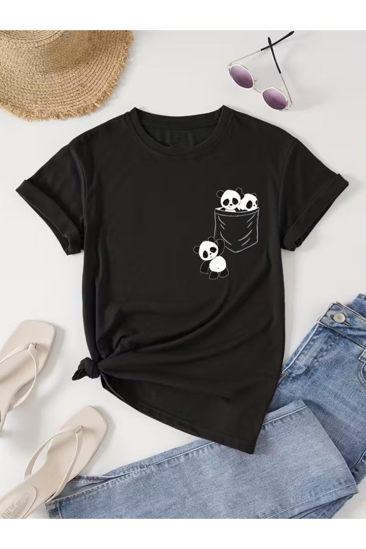 Unisex Sevimli Pandalar Cep Tasarım Basic Regular T-shirt