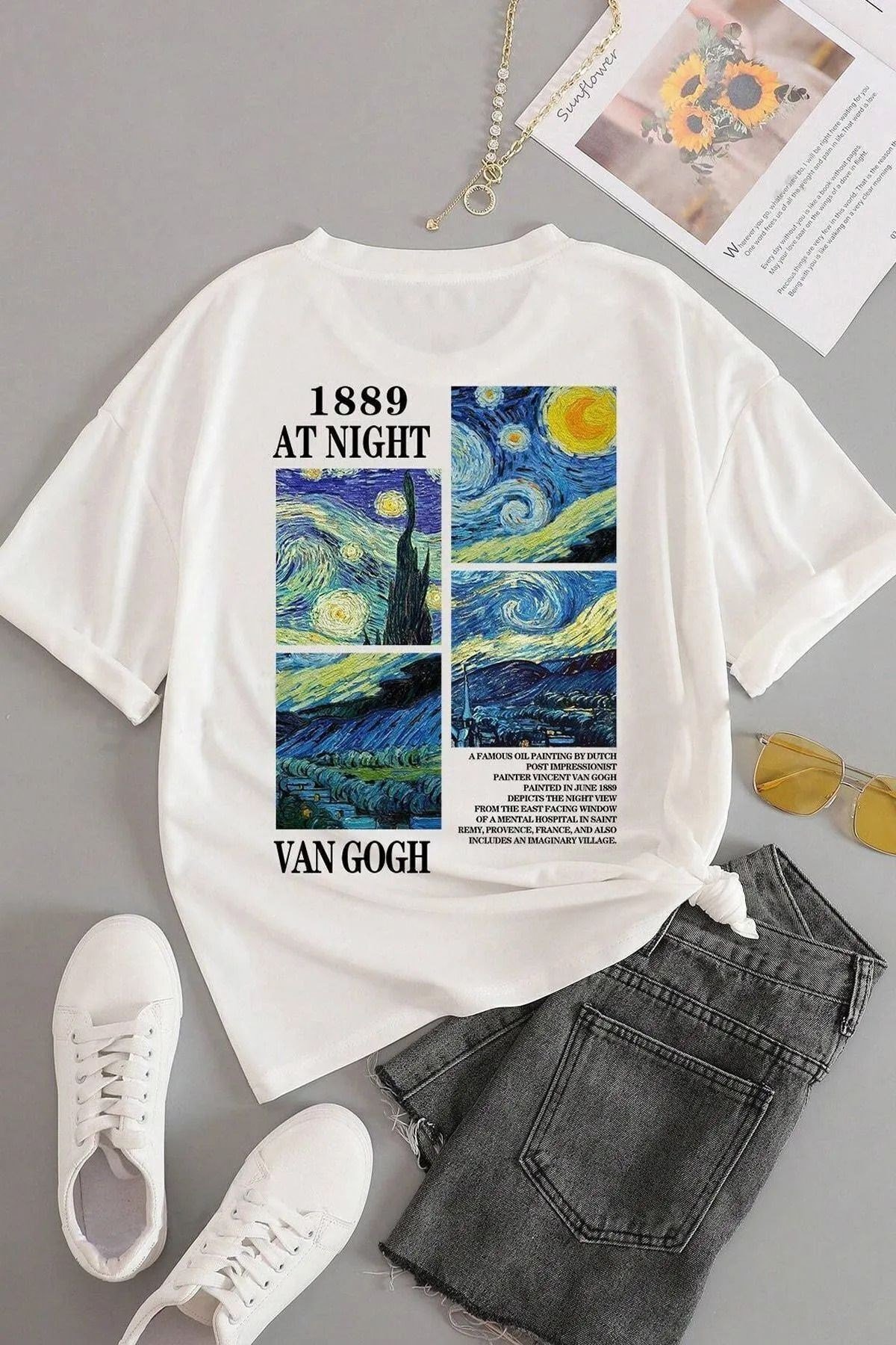 Unisex Van Gogh Baskılı Basic Bisiklet Yaka Regular T-shirt %100 Pamuk