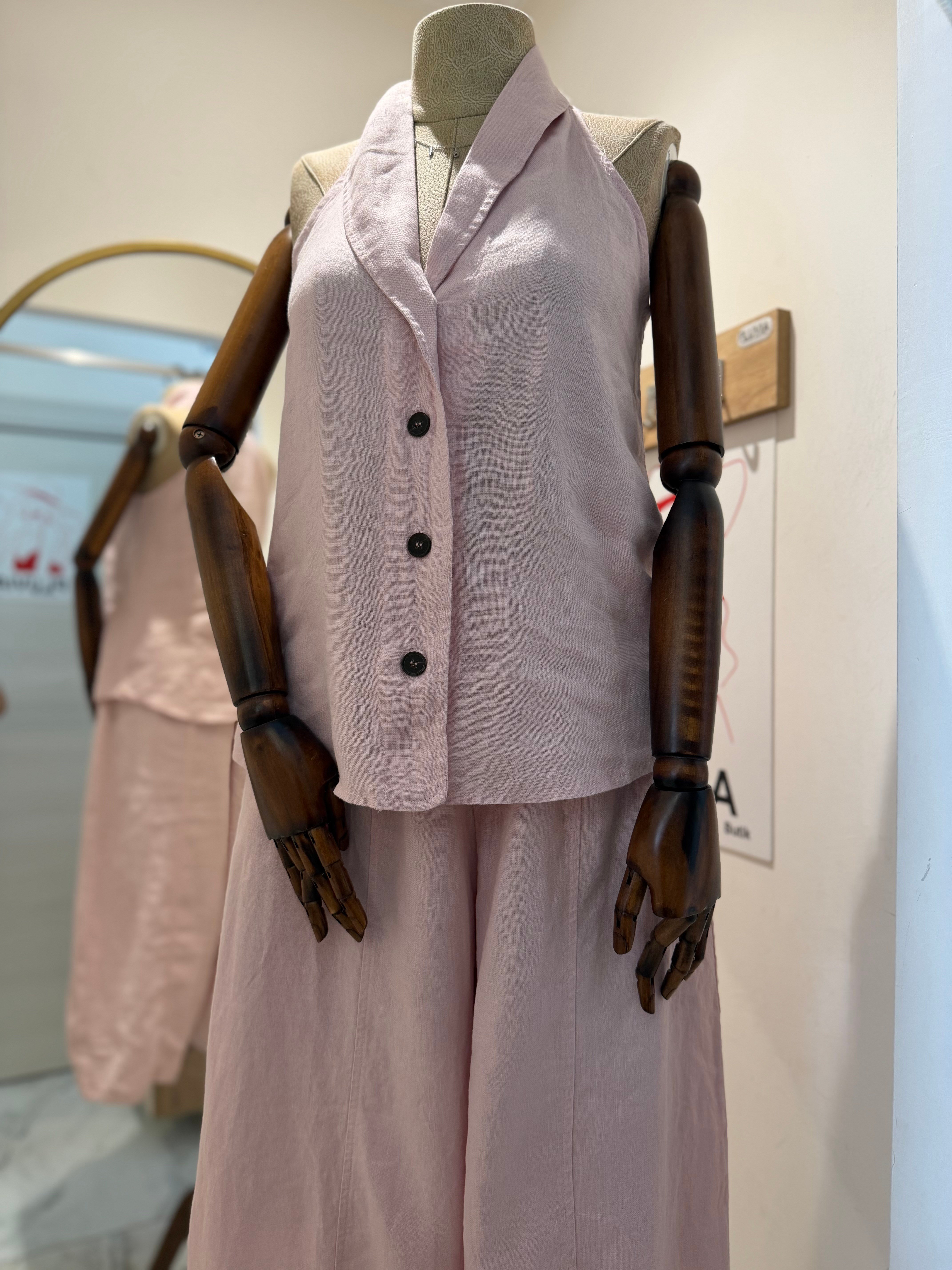 %100 Keten Yelek Pantolon Takım - Pembe