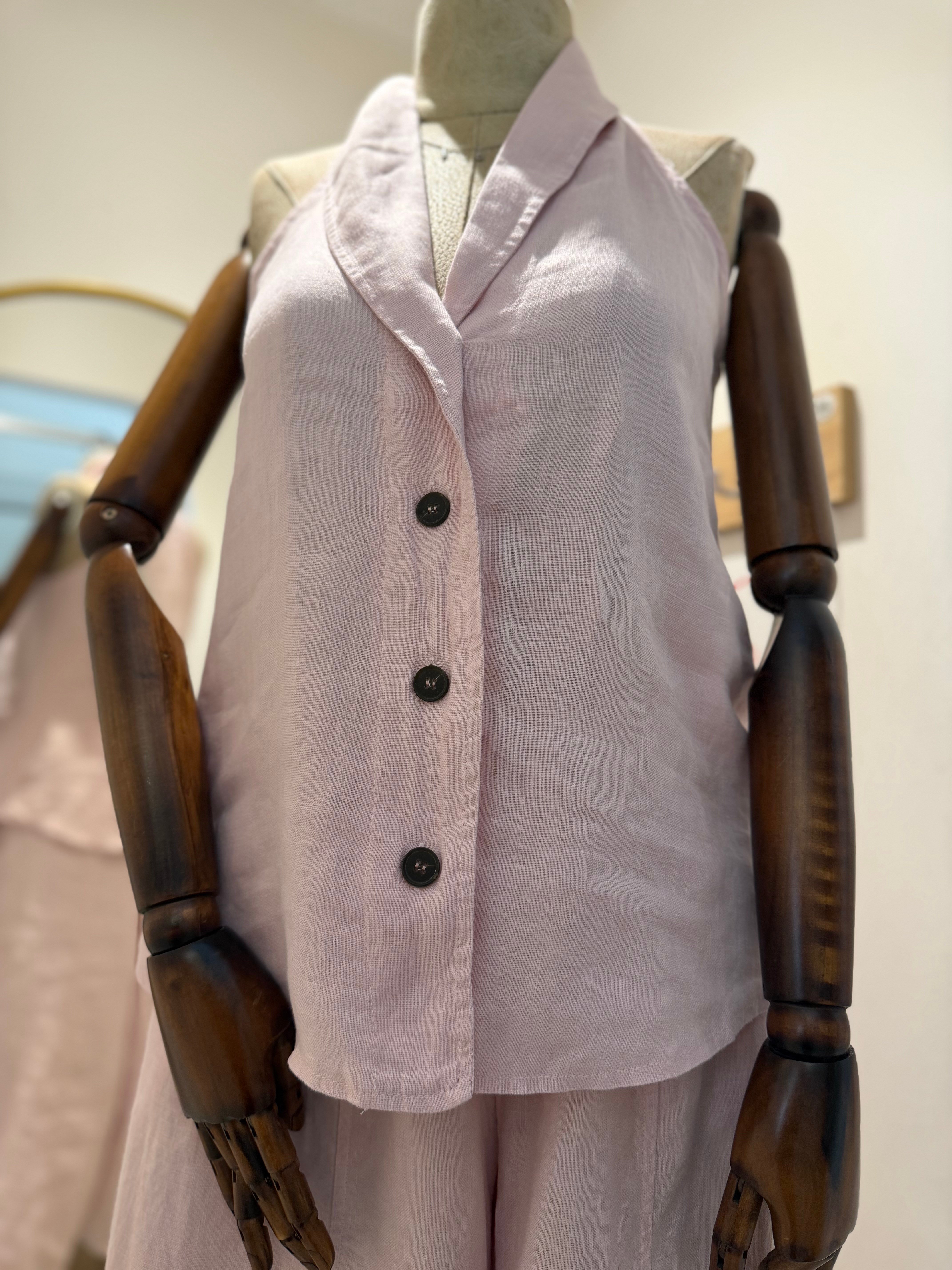 %100 Keten Yelek Pantolon Takım - Pembe