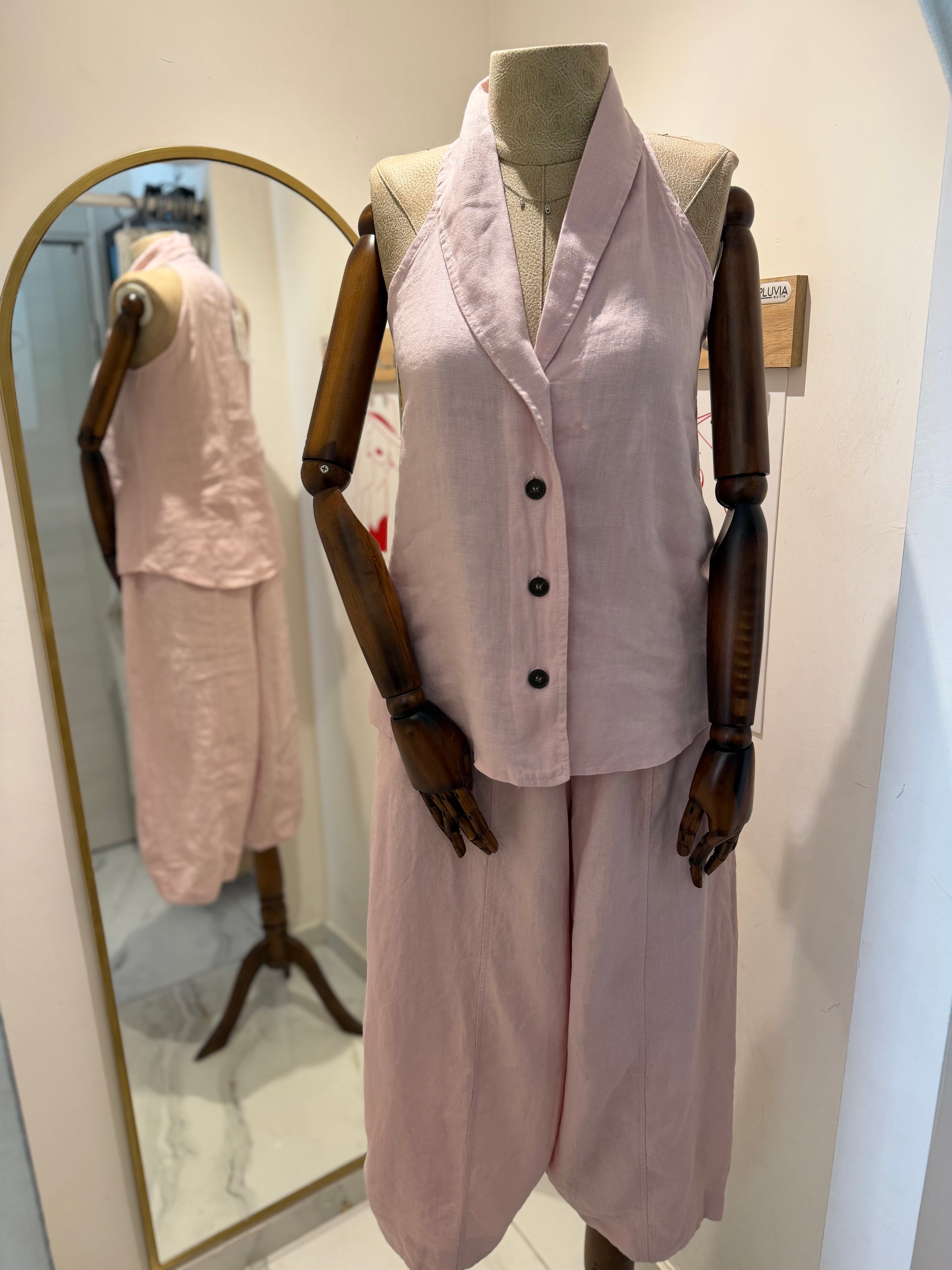 %100 Keten Yelek Pantolon Takım - Pembe