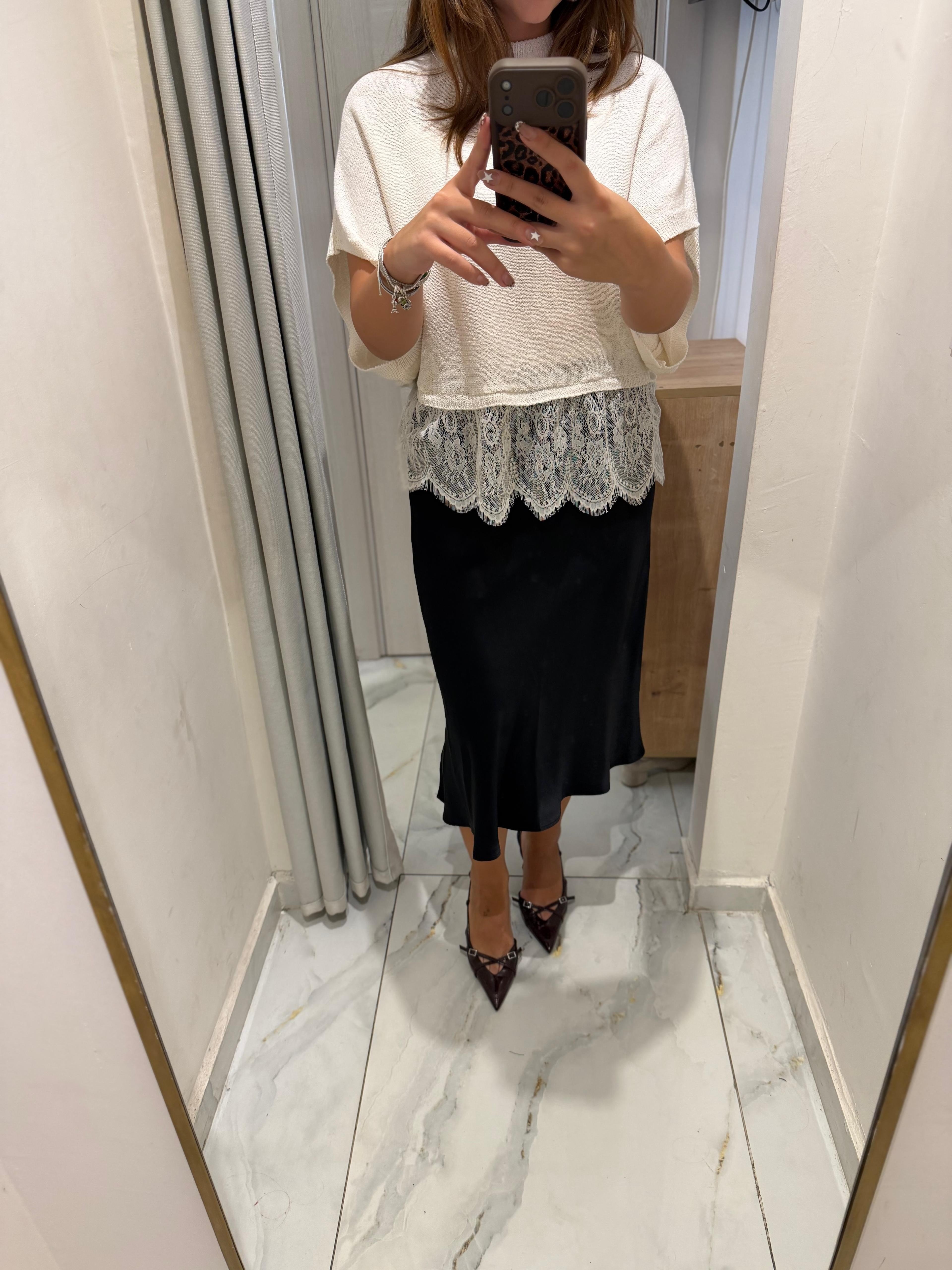 EKRU ETEK UCU DANTELLİ TRİKO BLUZ