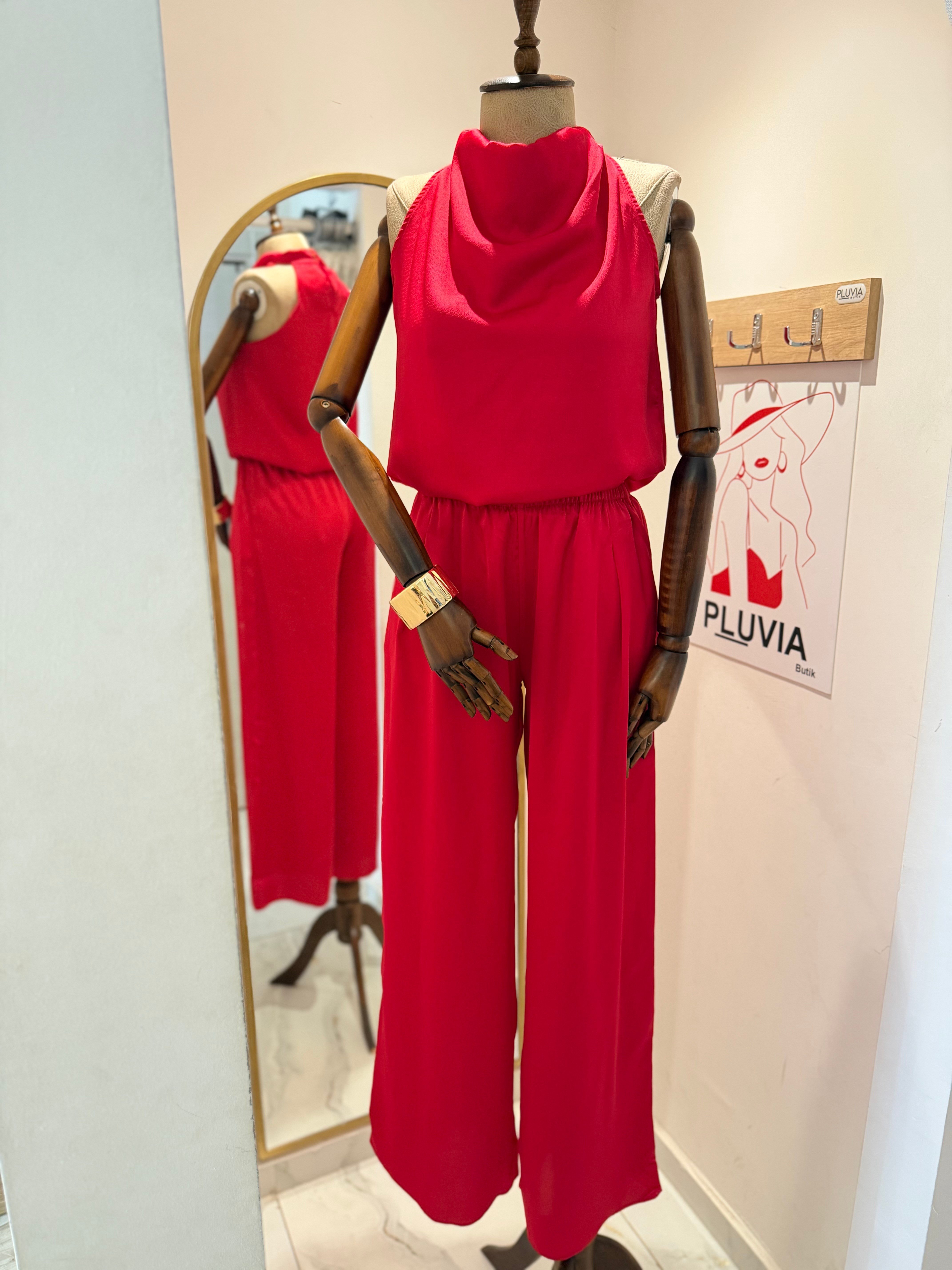Kırmızı Saten Bluz Pantalon Takım