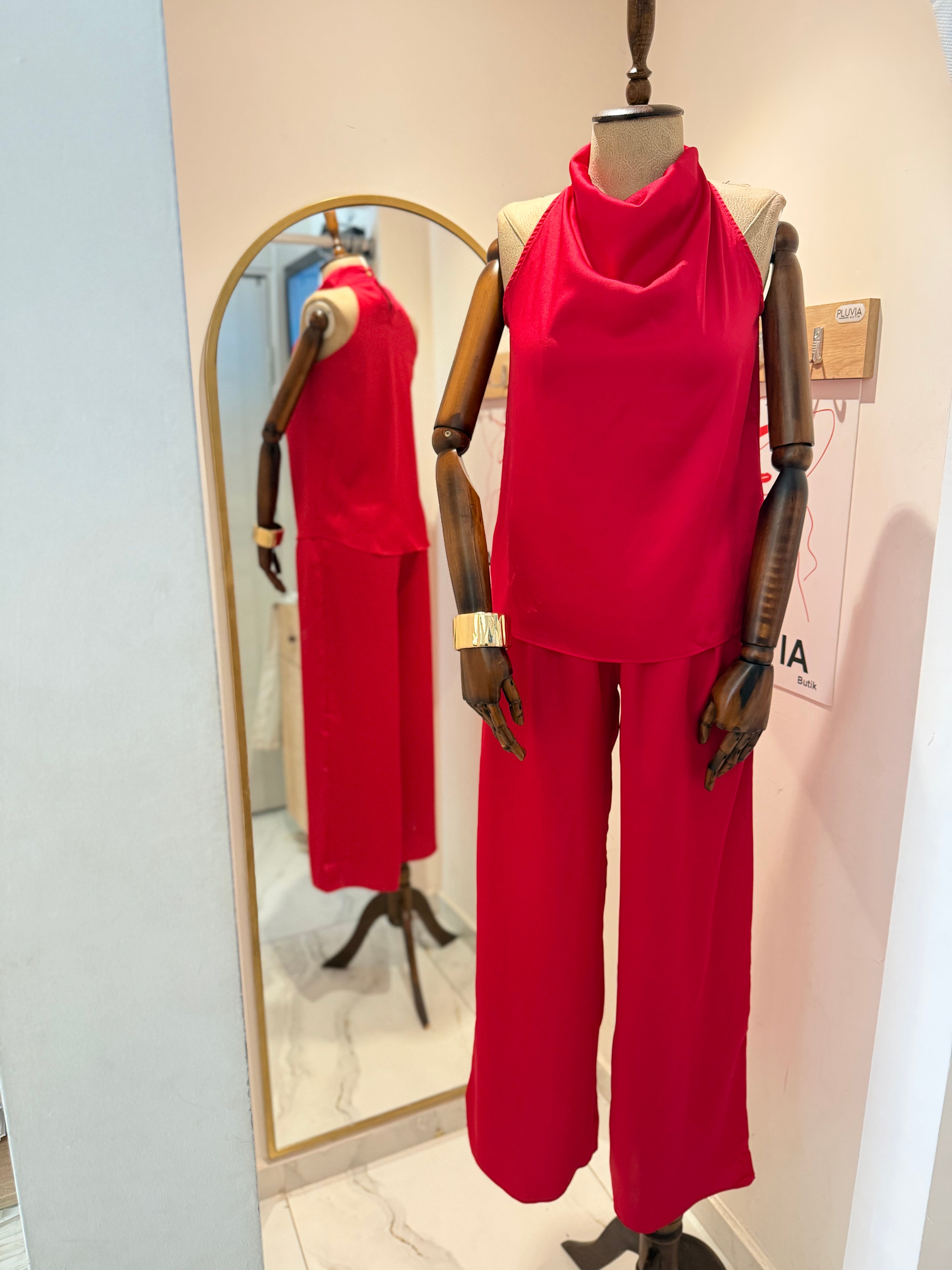 Kırmızı Saten Bluz Pantalon Takım