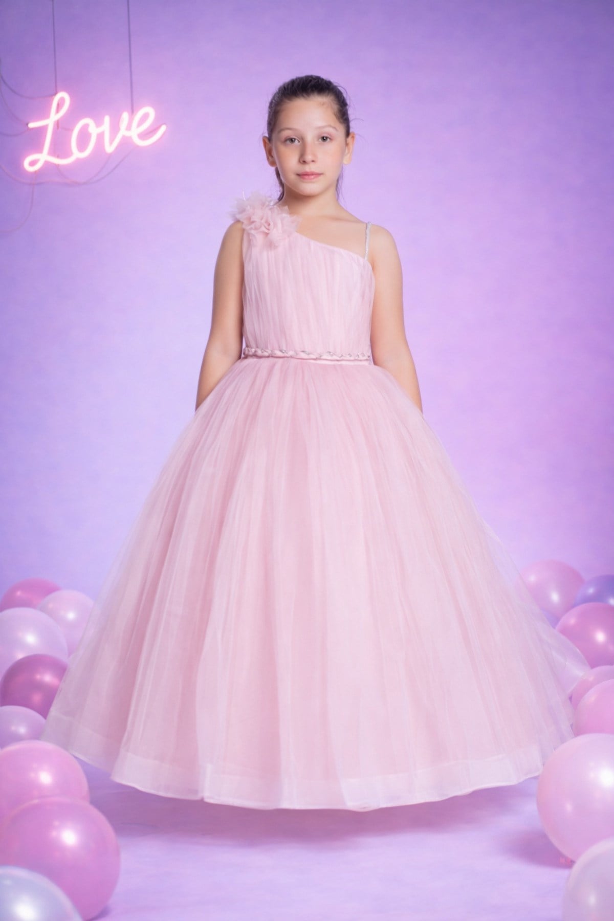 Çocuk Giyim Kız Çocuk Pudra Pembe Tek Omuz Tül Abiye Elbise