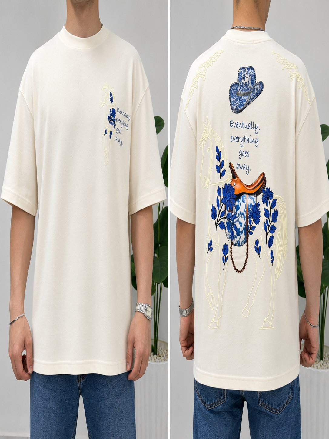 2512 Beyaz Nakışlı Amerikan Oversize T-Shirt