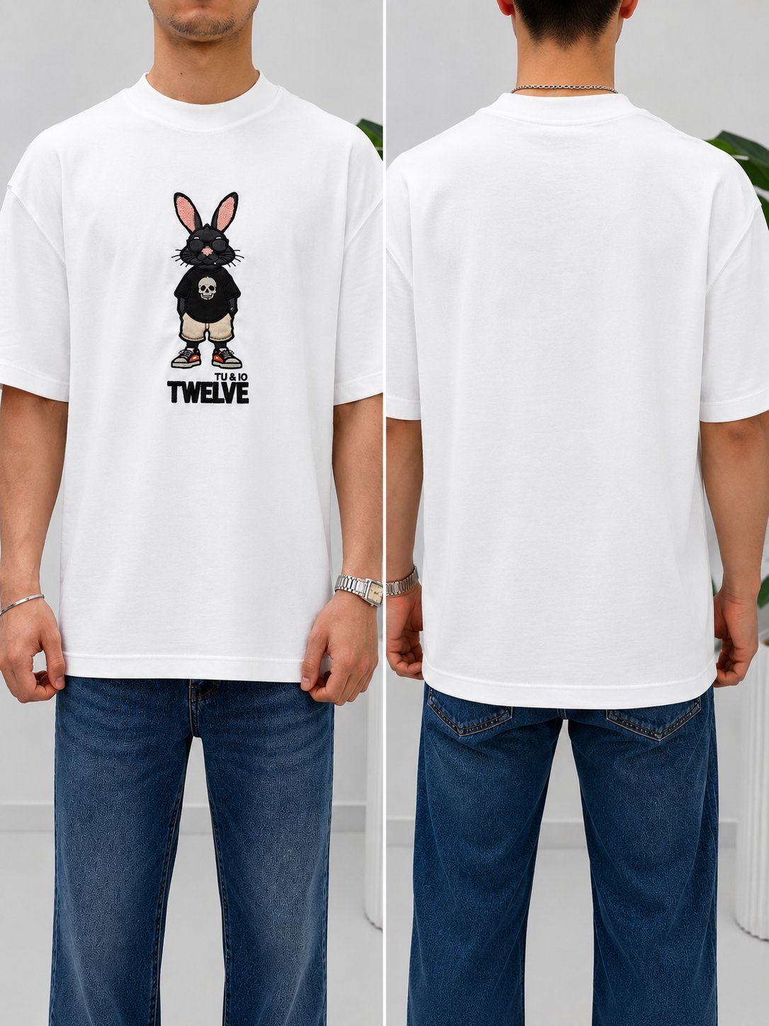 2512 Beyaz Nakışlı Amerikan Oversize T-Shirt