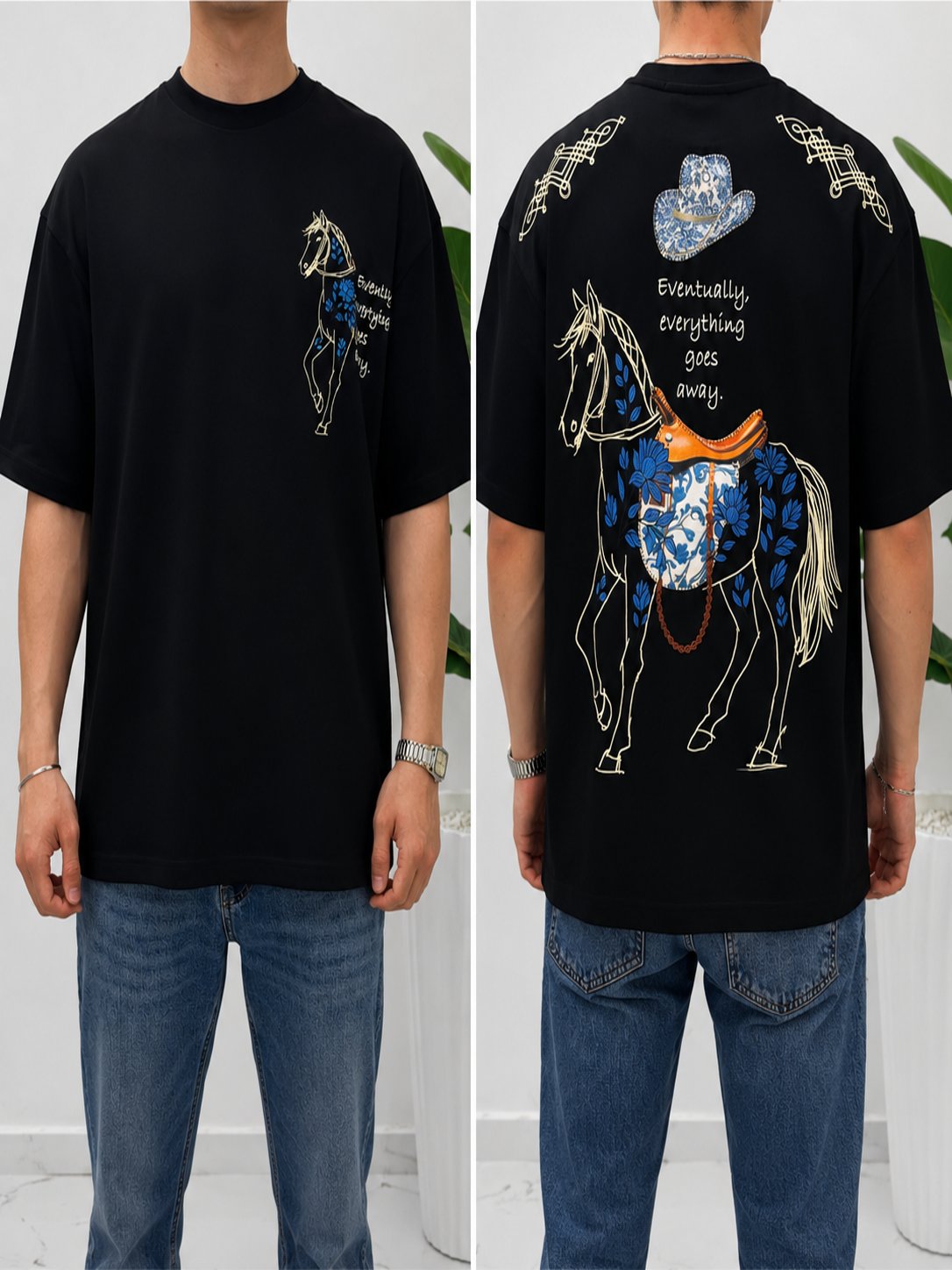 2512 Siyah Nakışlı Amerikan Oversize T-Shirt