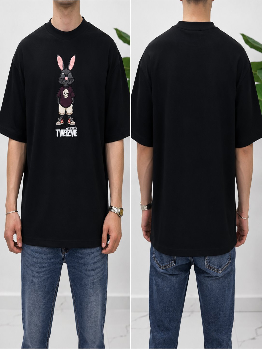 2512 Siyah Nakışlı Amerikan Oversize T-Shirt