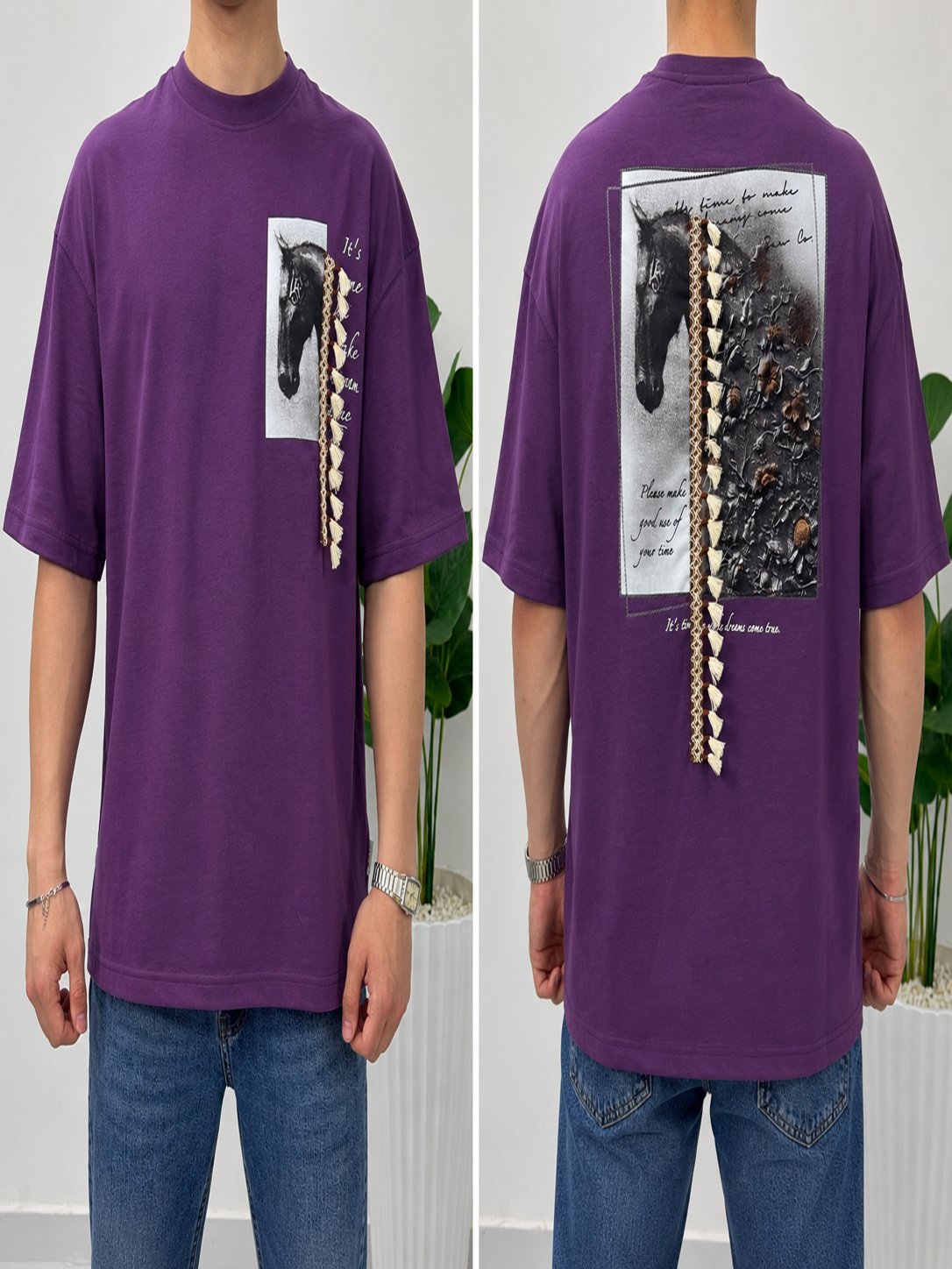 SAW Mor Nakışlı Amerikan Oversize T-Shirt