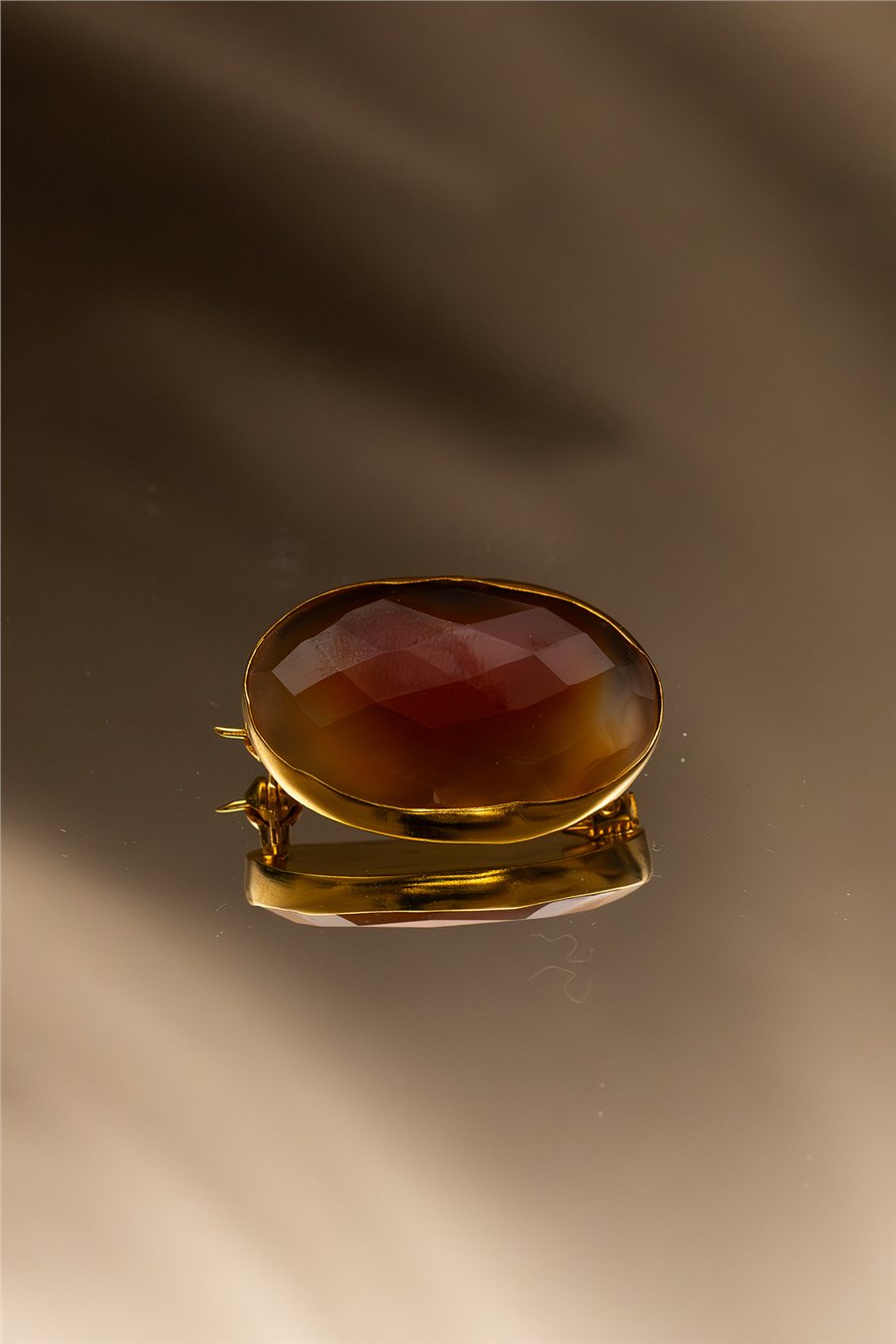 Oval Açık Akik Pirinç Altın Kaplama Broş