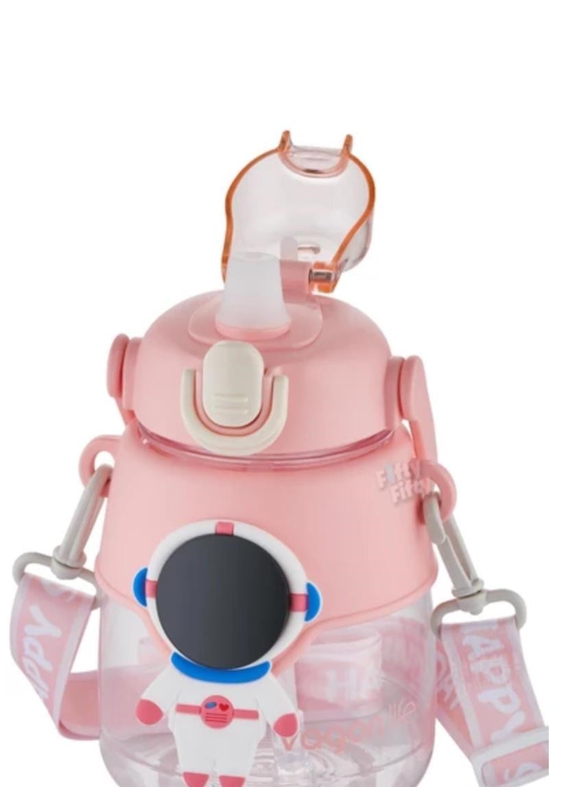 Astronot Temalı Pudra Pembe Askılıklı Kalın Pipet Kilitli Mekanizma Süper Kalite Suluk Matara 1250ML