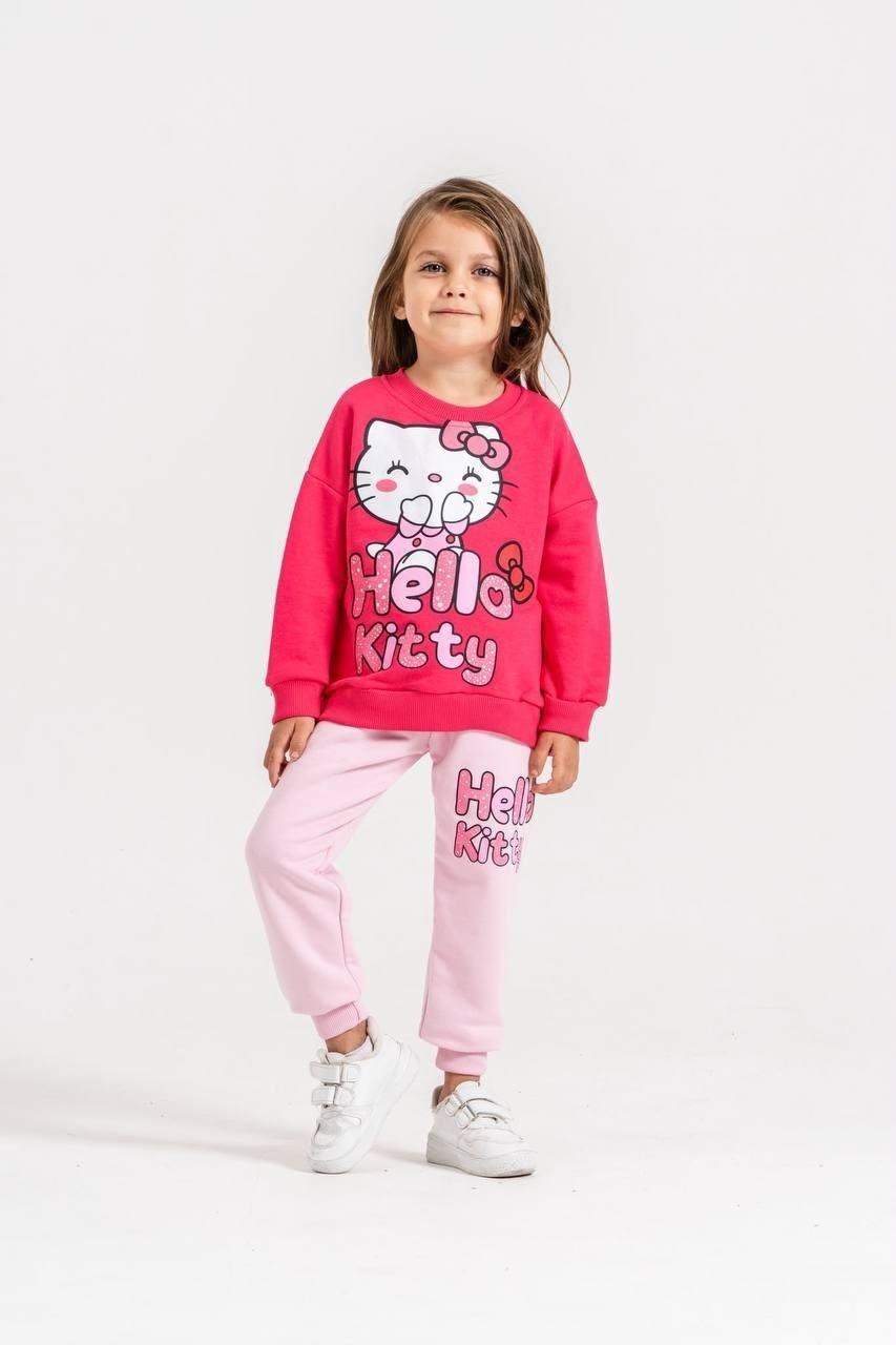 Baskılı Fuşya/Pembe Renk Detaylı 3iplik Sweatshirt & Eşofman Baskılı Alt Üst Takım
