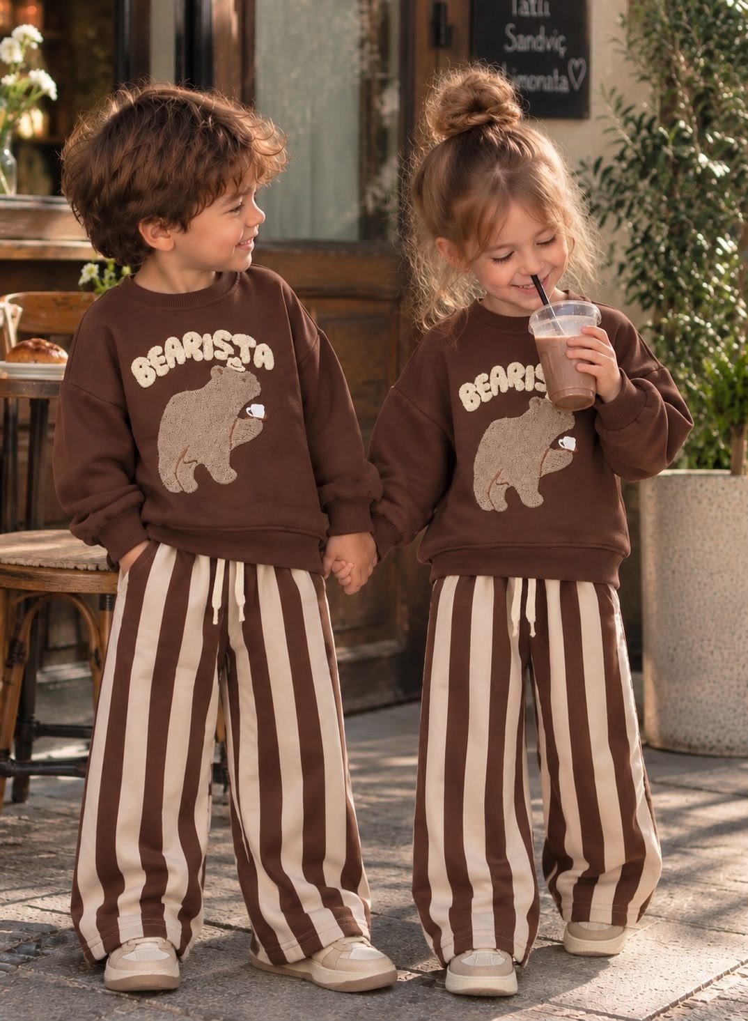 Bearista Ayı Baskılı Sweatshirt Çizgili Eşofman 3ip Alt Üst İkili Takım