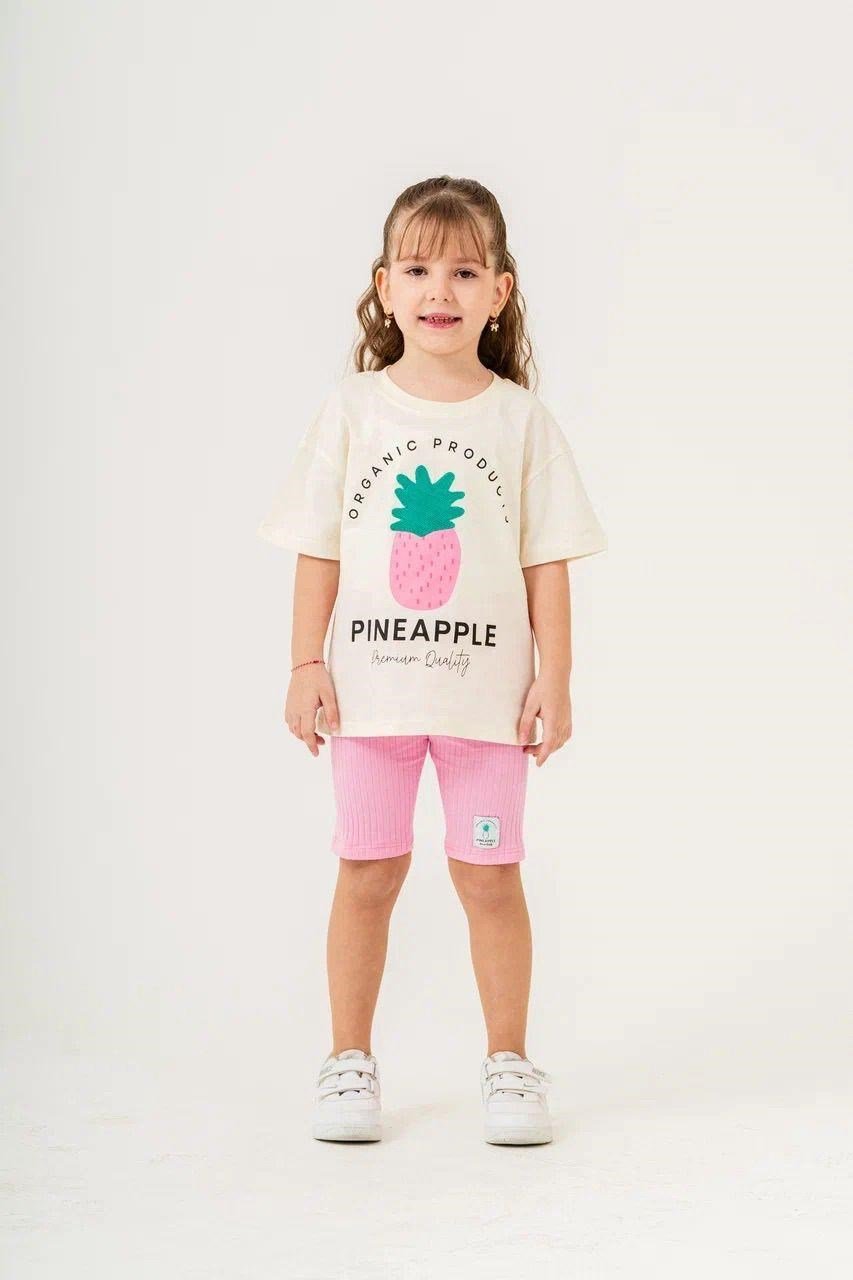 Cg Kids Ananas Nakışlı Alt Fitilli Şort Tayt Kız Çocuk Alt Üst Takım