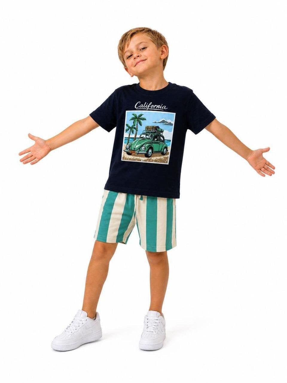 Cg Kids Araba Desenli Çizgili Şortlu Tshirt & Şort Erkek Çocuk Alt Üst Takım