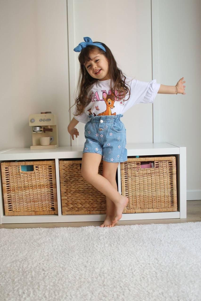 Cg Kids Bambi Baskılı Kot Şort Işlemeli Kız Çocuk Alt Üst Takım