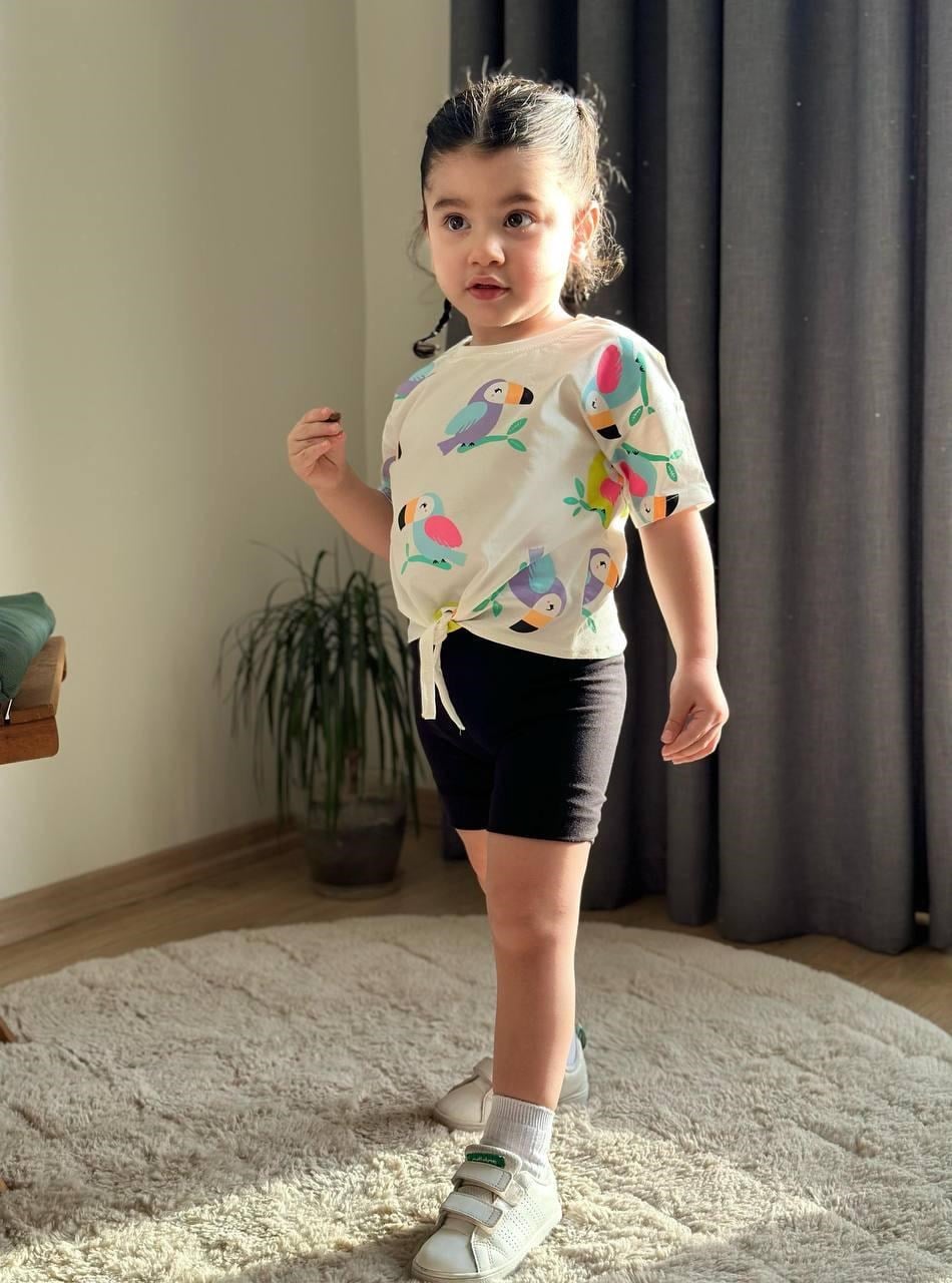 Cg Kids Beyaz Papağan Baskılı Tayt Şort Kız Çocuk Alt Üst Takım