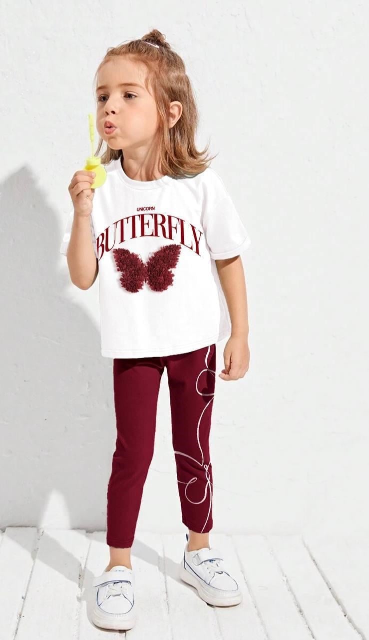 Cg Kids Bordo Butterfly Kelebek Tül Detaylı Kız Çocuk Alt Üst Tayt Takım