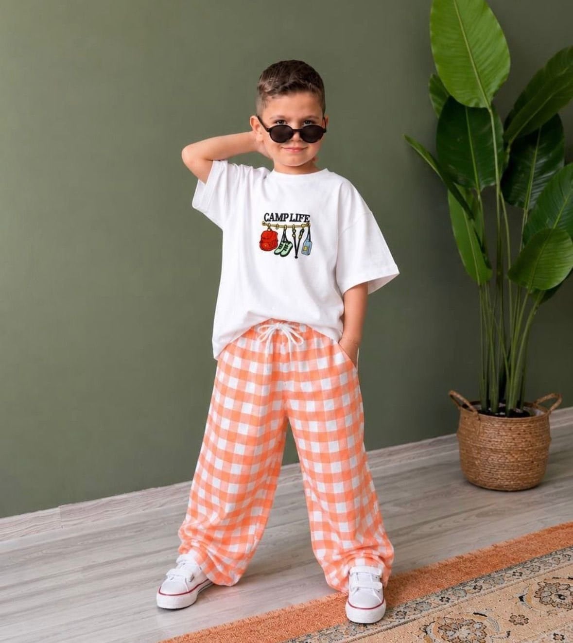 Cg Kids Camp Life Baskılı Tişört ve Ekose Pantolon  Erkek Çocuk Takımı / Turuncu