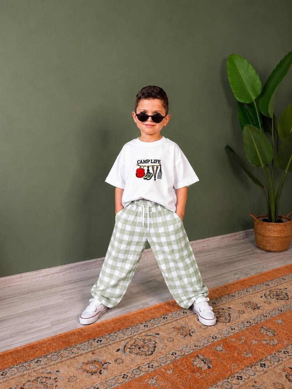 Cg Kids  Camp Life Nakışlı Tişört ve Ekose Pantolon Erkek Çocuk Alt Üst Takımı / Su Yeşili