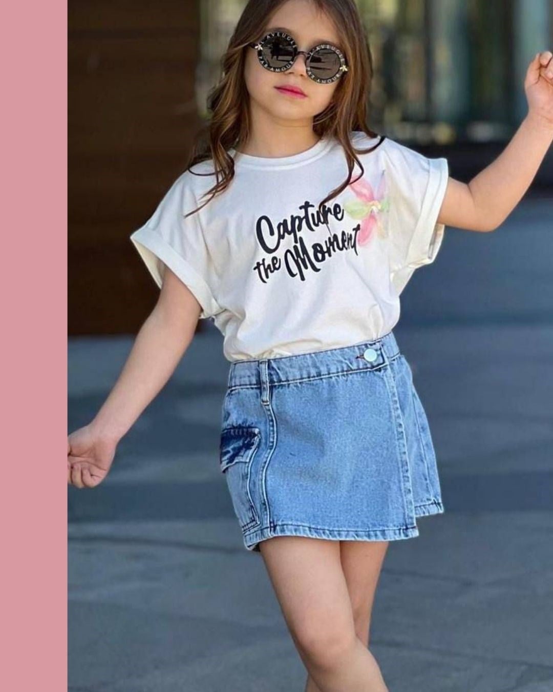 Cg Kids Capture Baskılı Çiçek Işlemeli Etek Görünümlü Kot Şort Kız Çocuk Alt Üst Takım